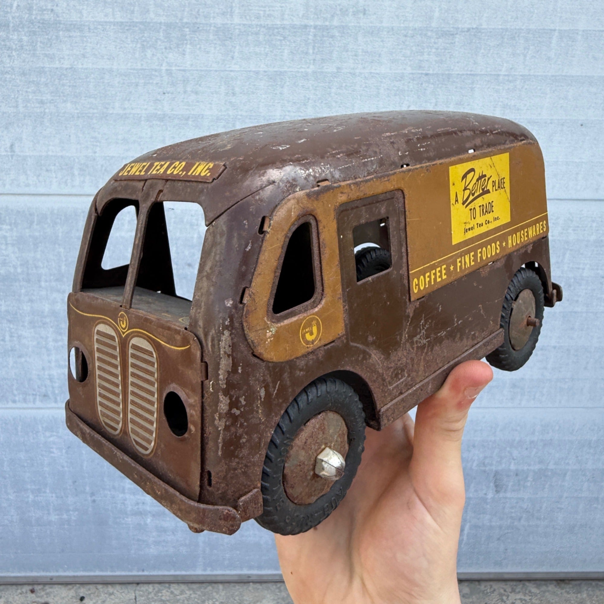 Vintage Banner Jewel Tea Co. Inc. Pressed Steel Delivery Van Toy Truck - No Door