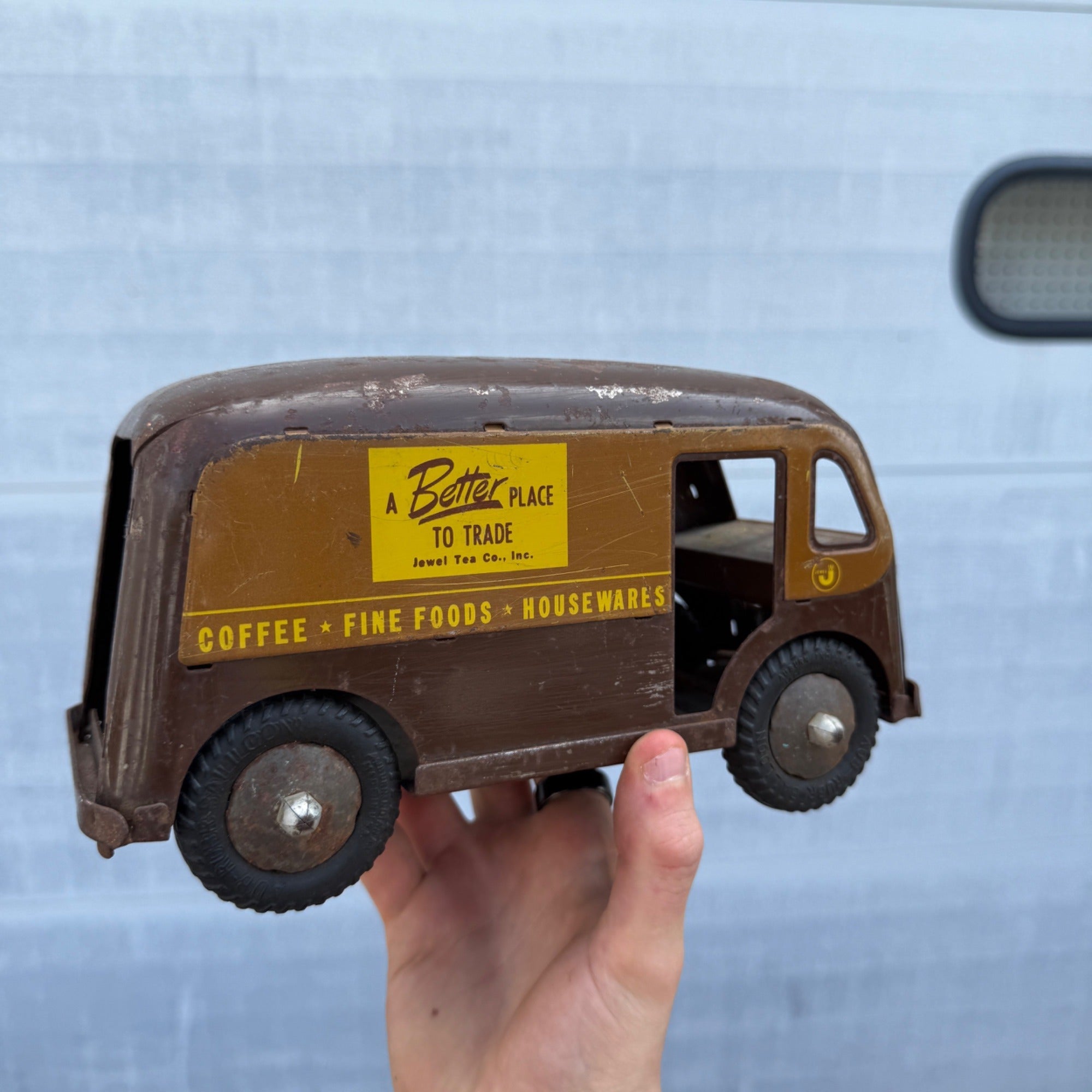 Vintage Banner Jewel Tea Co. Inc. Pressed Steel Delivery Van Toy Truck - No Door