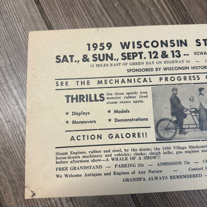 Vintage 1959 Wisconsin Steamorama Promo Poster Antique Bicycles Luxemburg WI