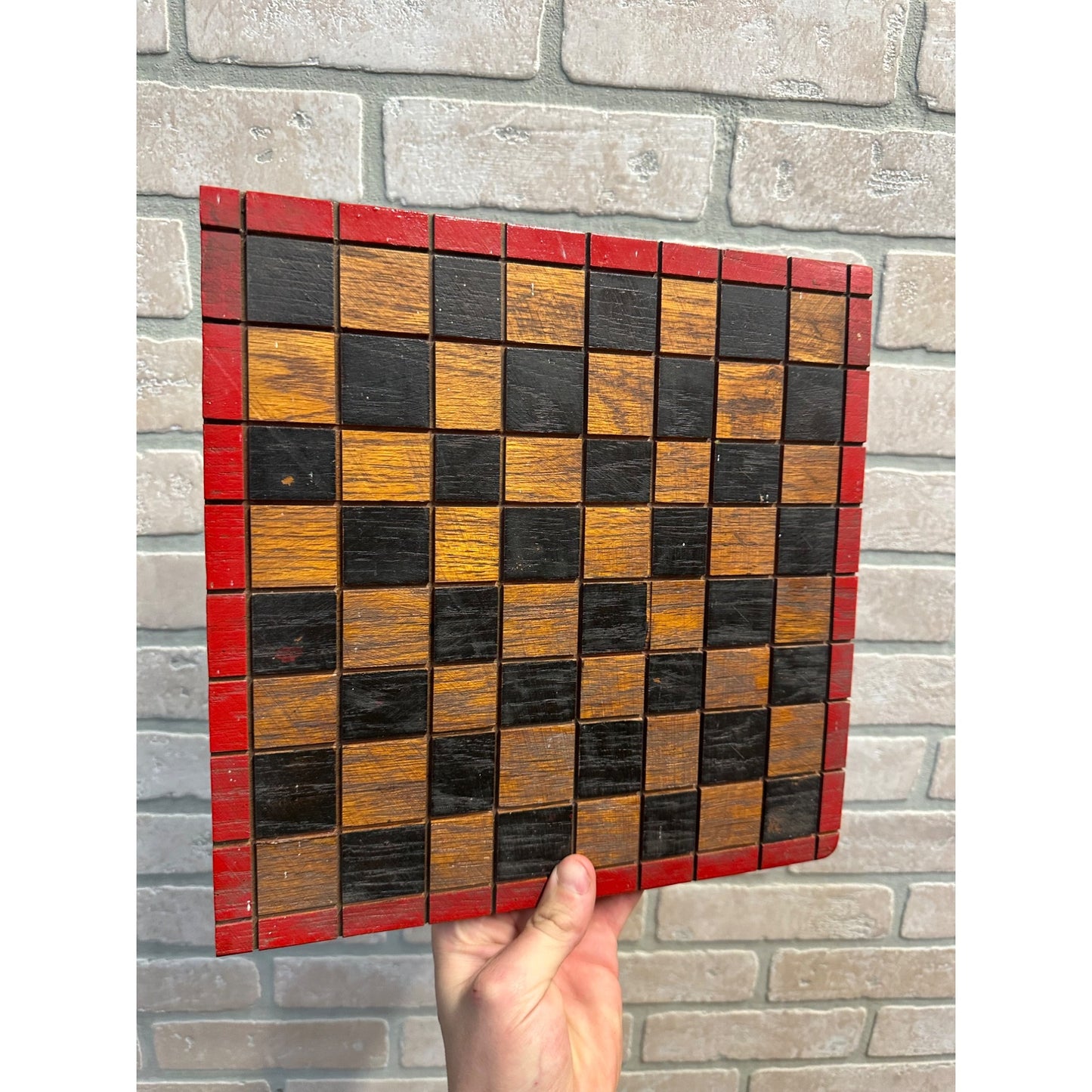 Vintage Handpainted Wooden Chess / Checkers Game Board Primitive Decor 11" x 11"