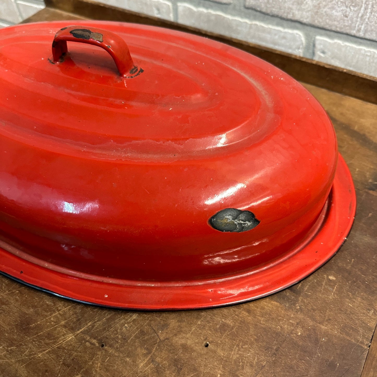 Antique Vintage Red & Black  Enamelware Roaster Lid Replacement