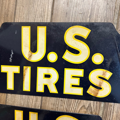 Vintage 1939 United States Rubber Co. US Tires Rack Tin Advertising Signs Pair (2)