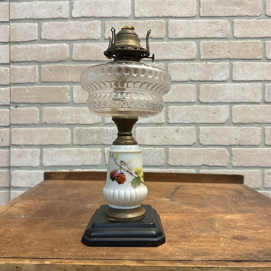 Antique 1800s EAPG Early Oil Kerosene Pedestal Lamp Berries w/ Milk Glass Base