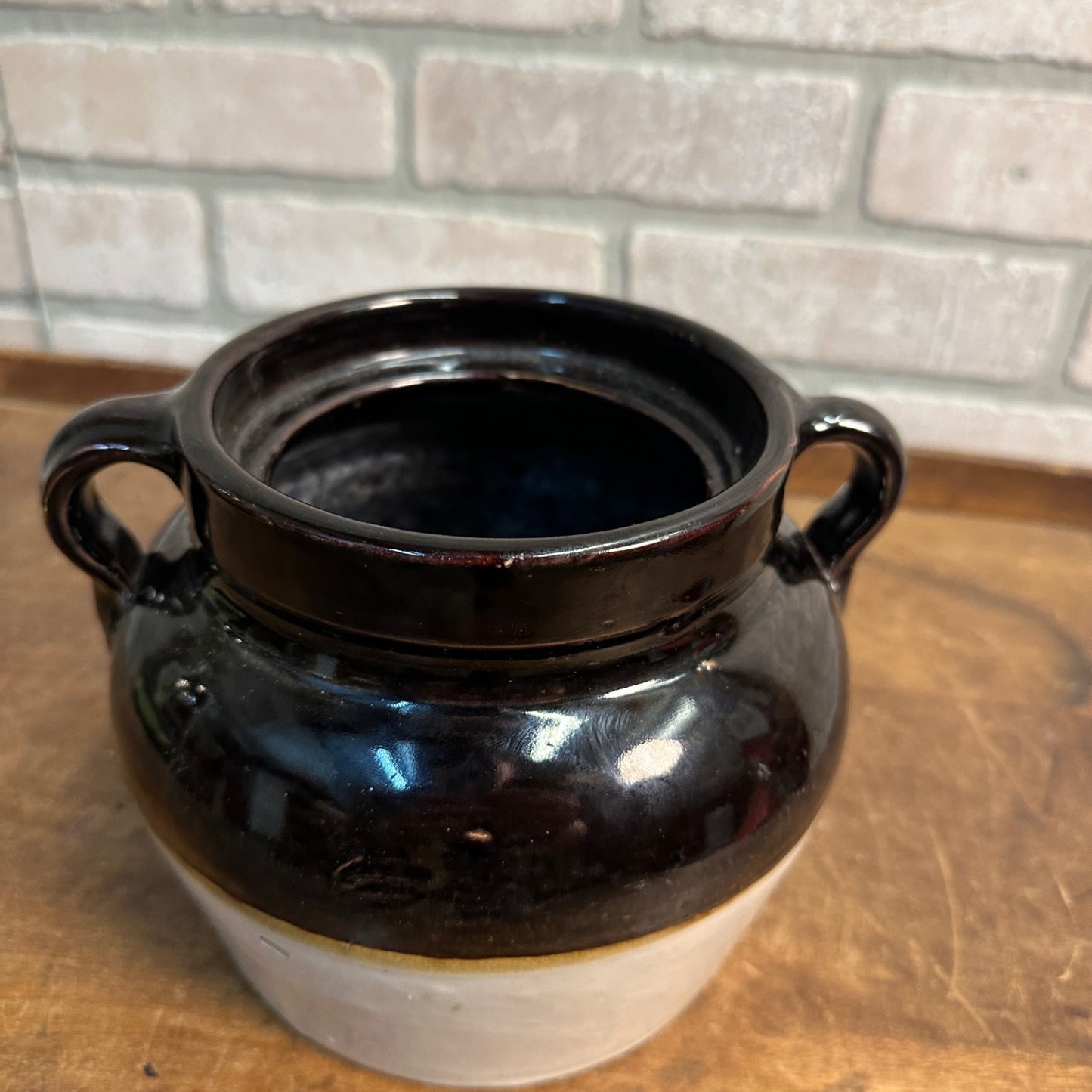Antique Two-Tone Black Dark Brown Bean Pot Stoneware Pottery No Lid