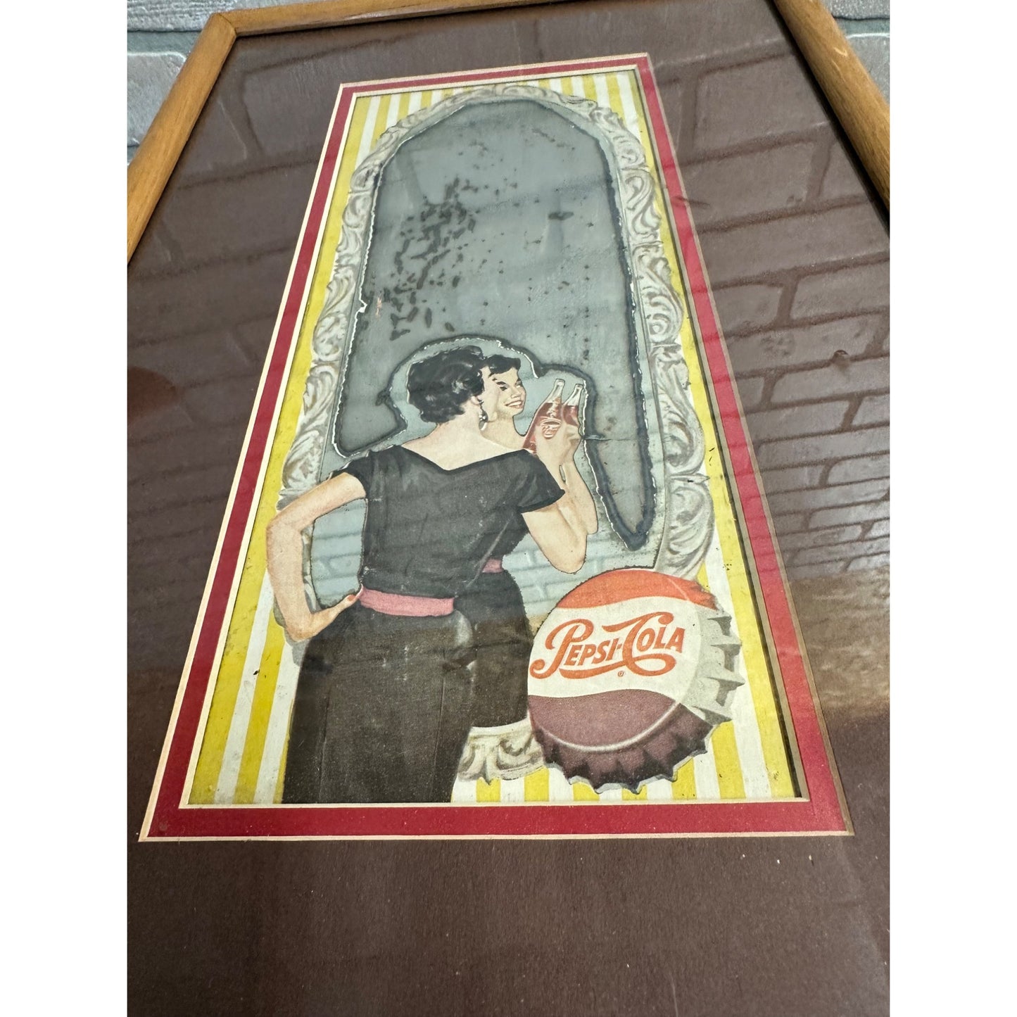 Vintage 1940s Pepsi Cola Soda Advertising Mirror Sign Girl Framed Art Deco