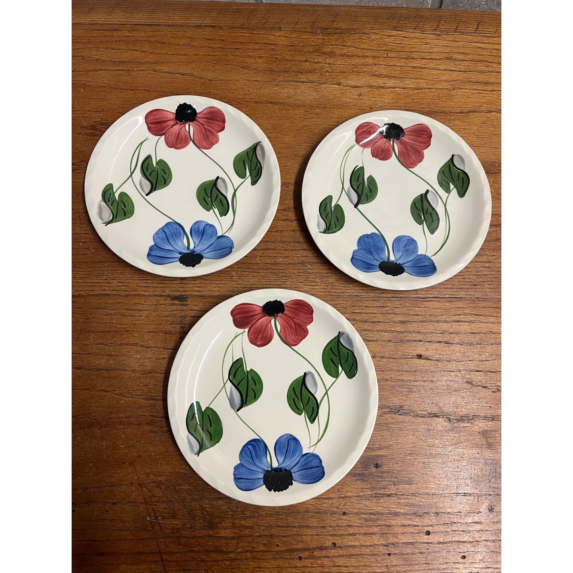 Vintage Blue Ridge Set of (3) Southern Blue & Red Flowers Dessert Plates 7.25"
