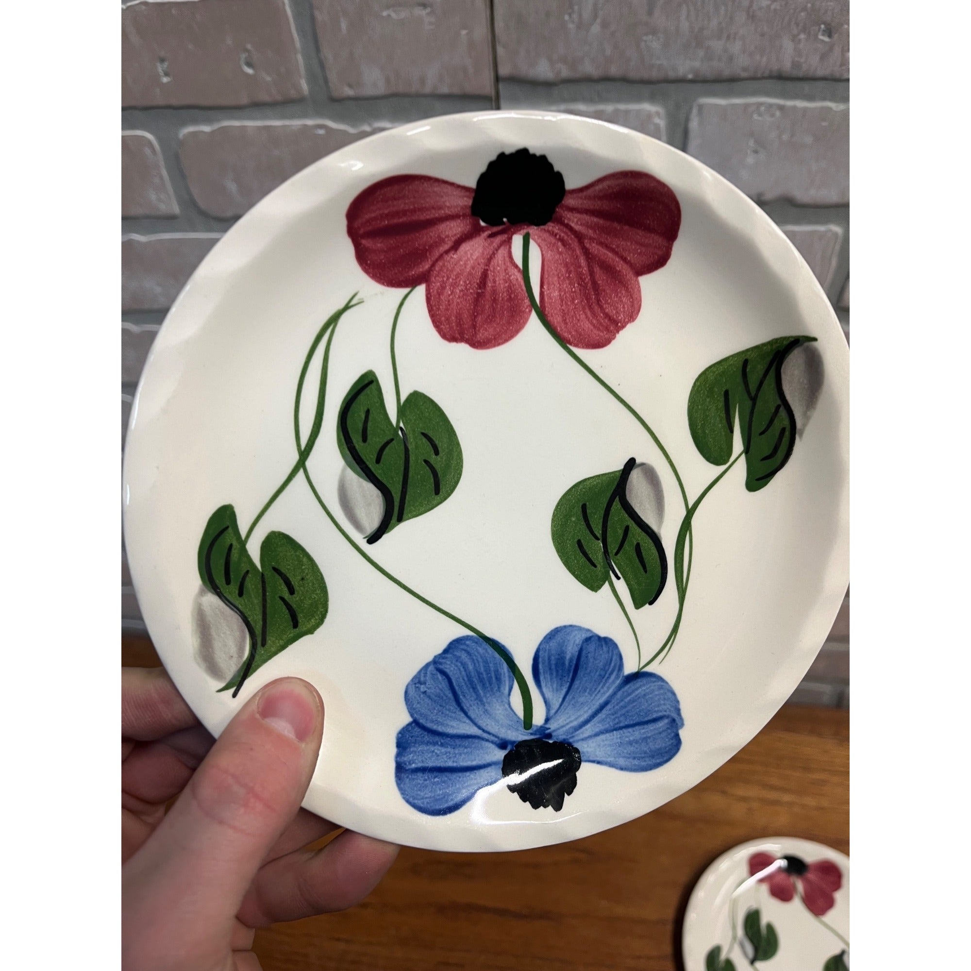 Vintage Blue Ridge Set of (3) Southern Blue & Red Flowers Dessert Plates 7.25"