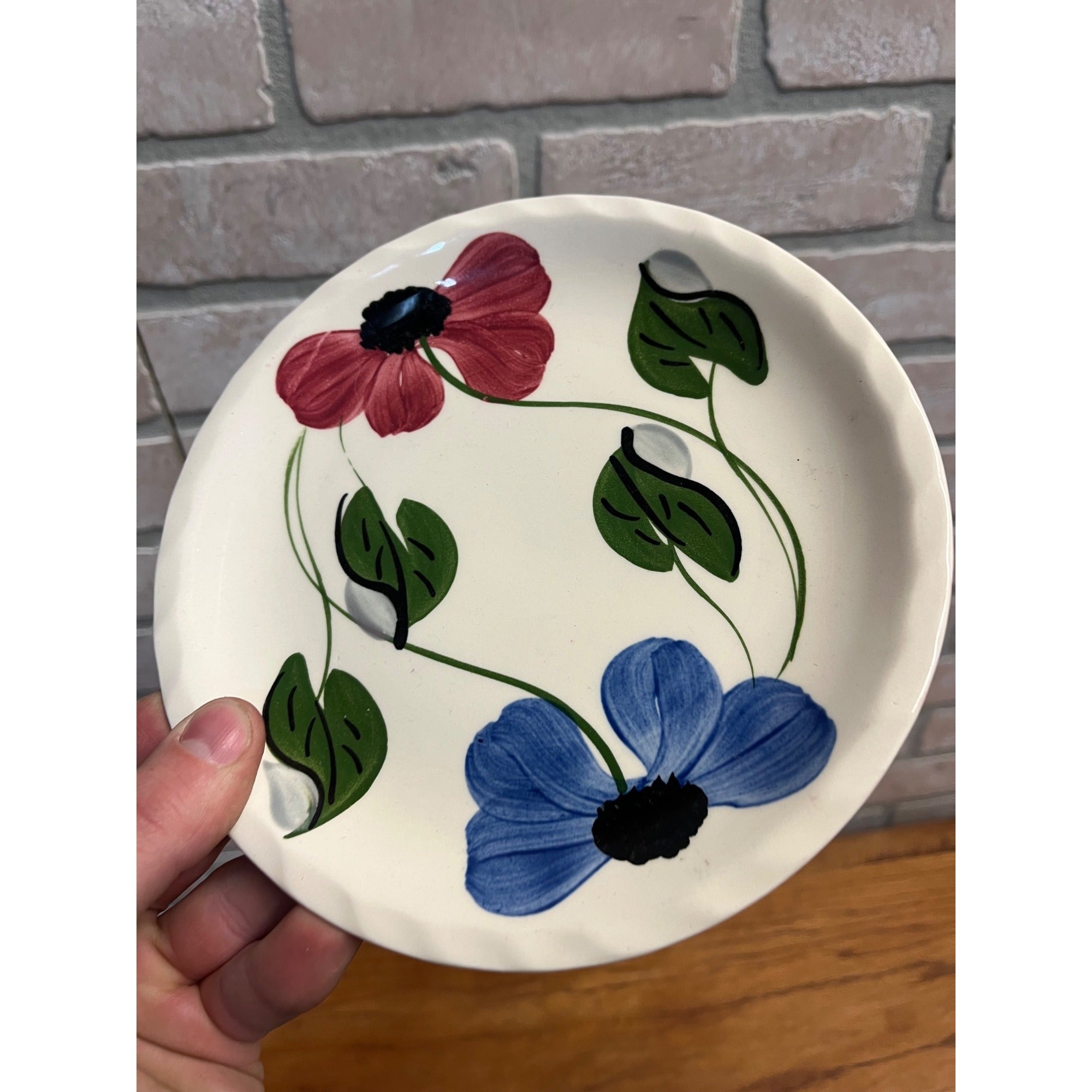 Vintage Blue Ridge Set of (3) Southern Blue & Red Flowers Dessert Plates 7.25"