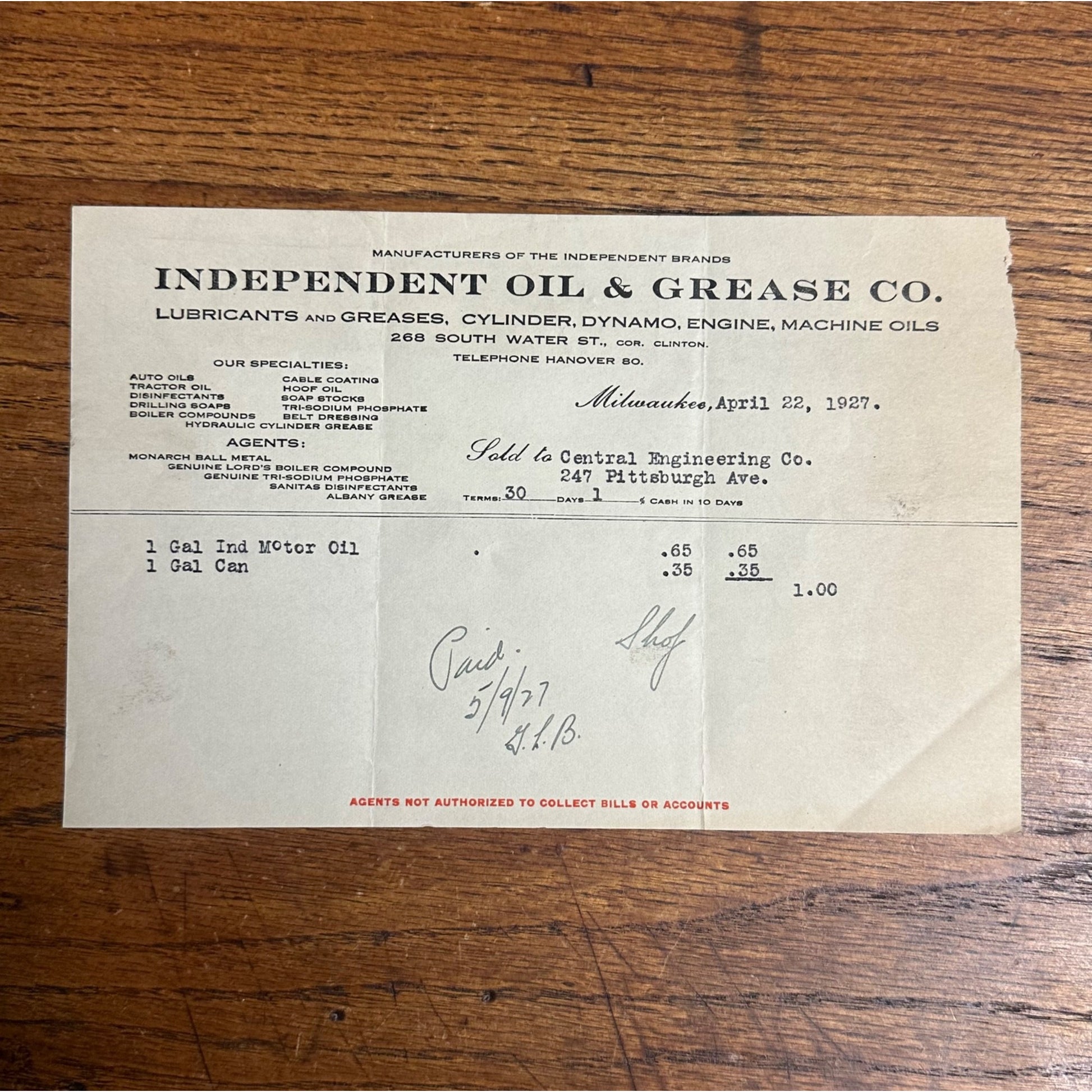 1927 Milwaukee Independent Oil Grease Co, Wisconsin Invoice Letterhead Service