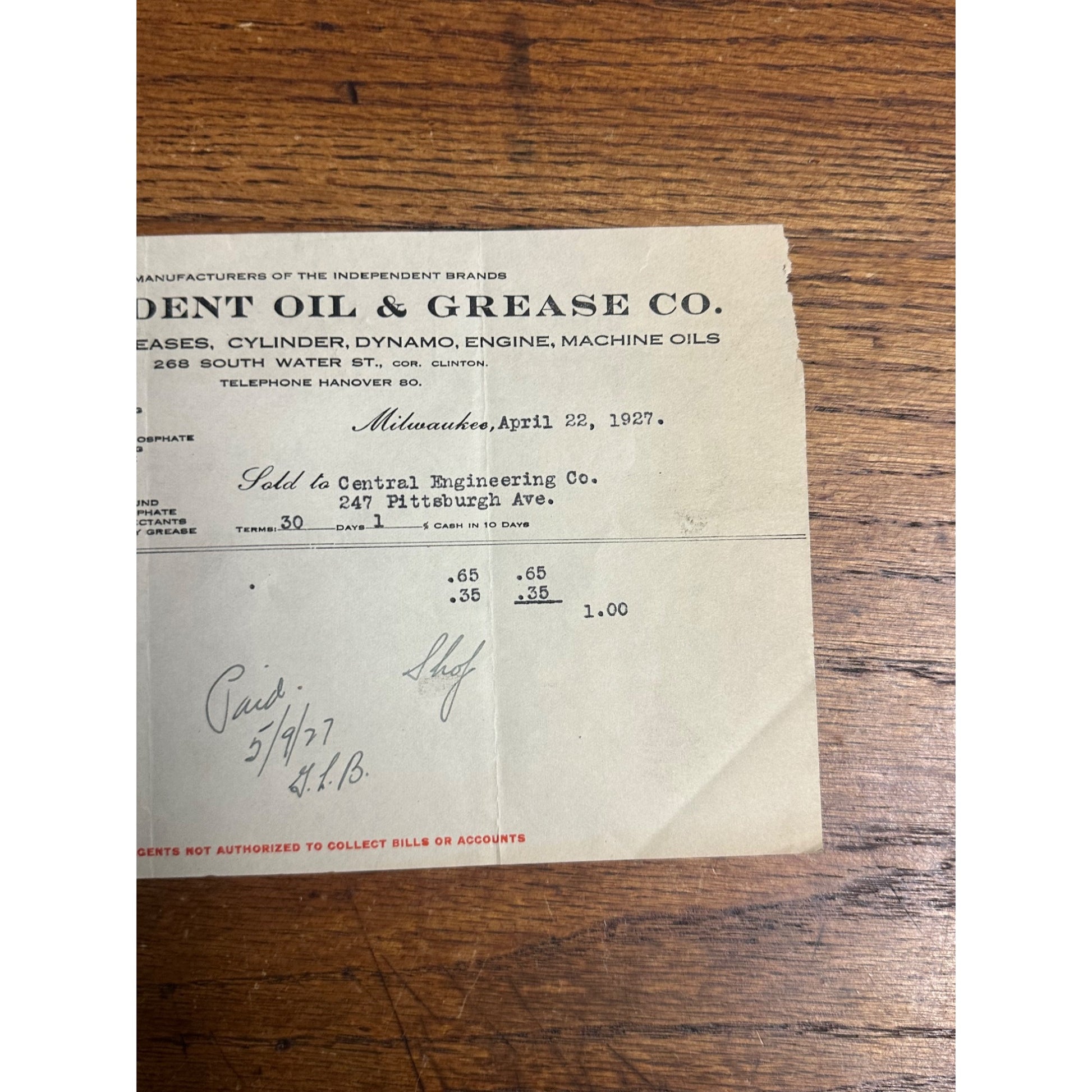 1927 Milwaukee Independent Oil Grease Co, Wisconsin Invoice Letterhead Service