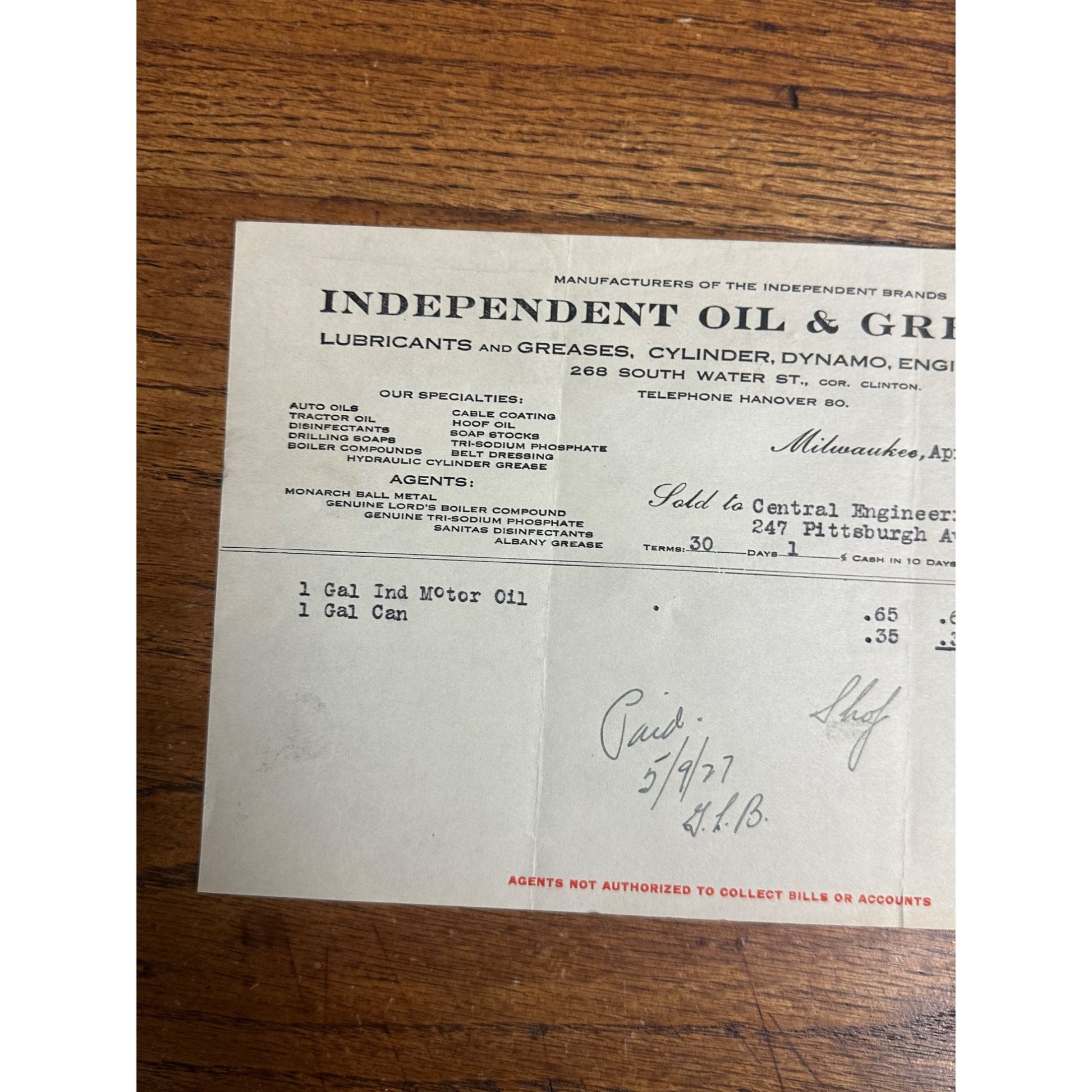 1927 Milwaukee Independent Oil Grease Co, Wisconsin Invoice Letterhead Service