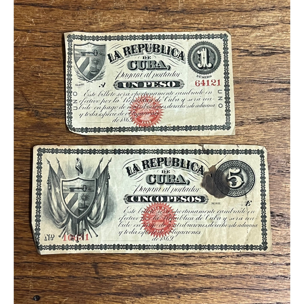 1869 Republic de Cuba 1 & 5 Peso Unsigned Notes Bills Lot (2)