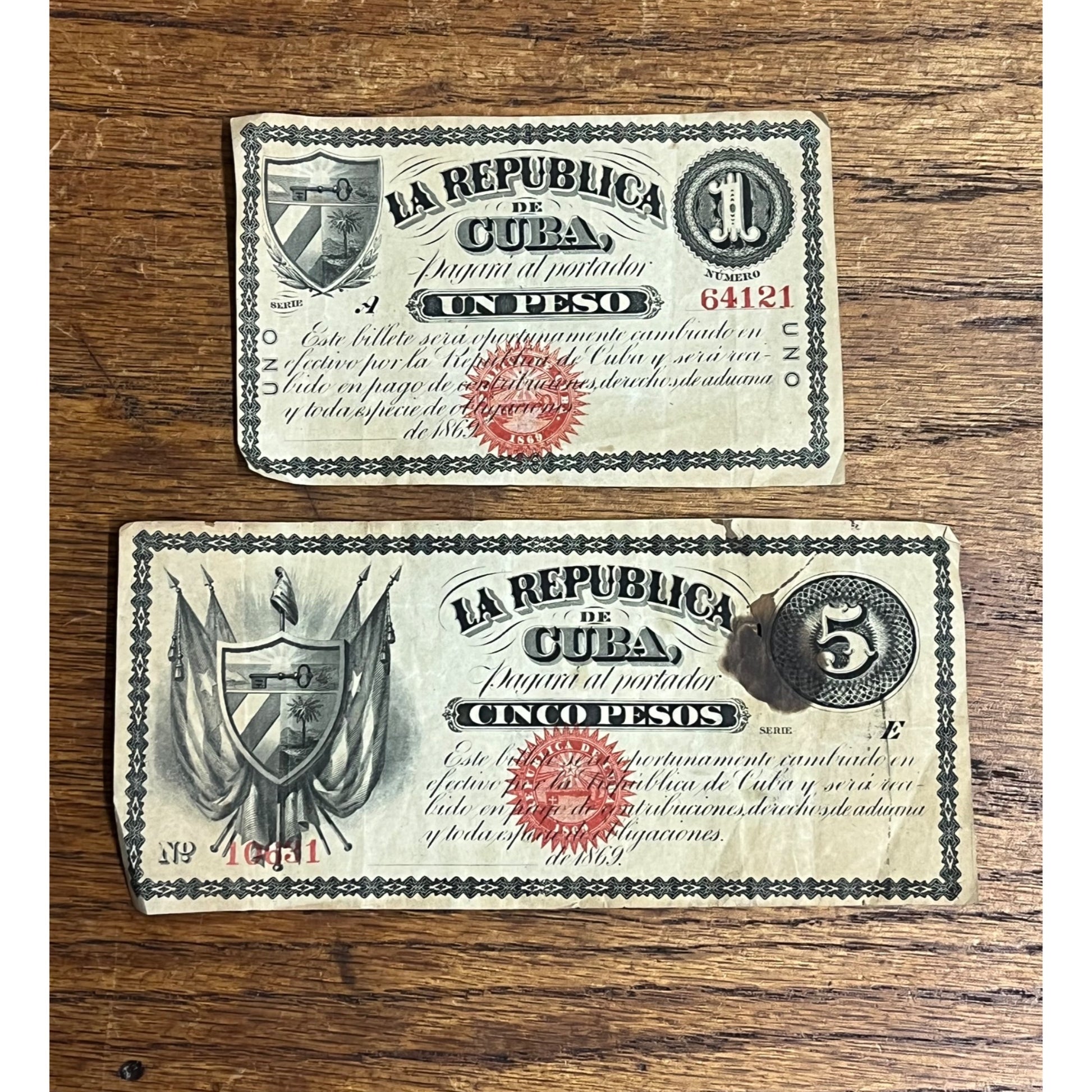 1869 Republic de Cuba 1 & 5 Peso Unsigned Notes Bills Lot (2)