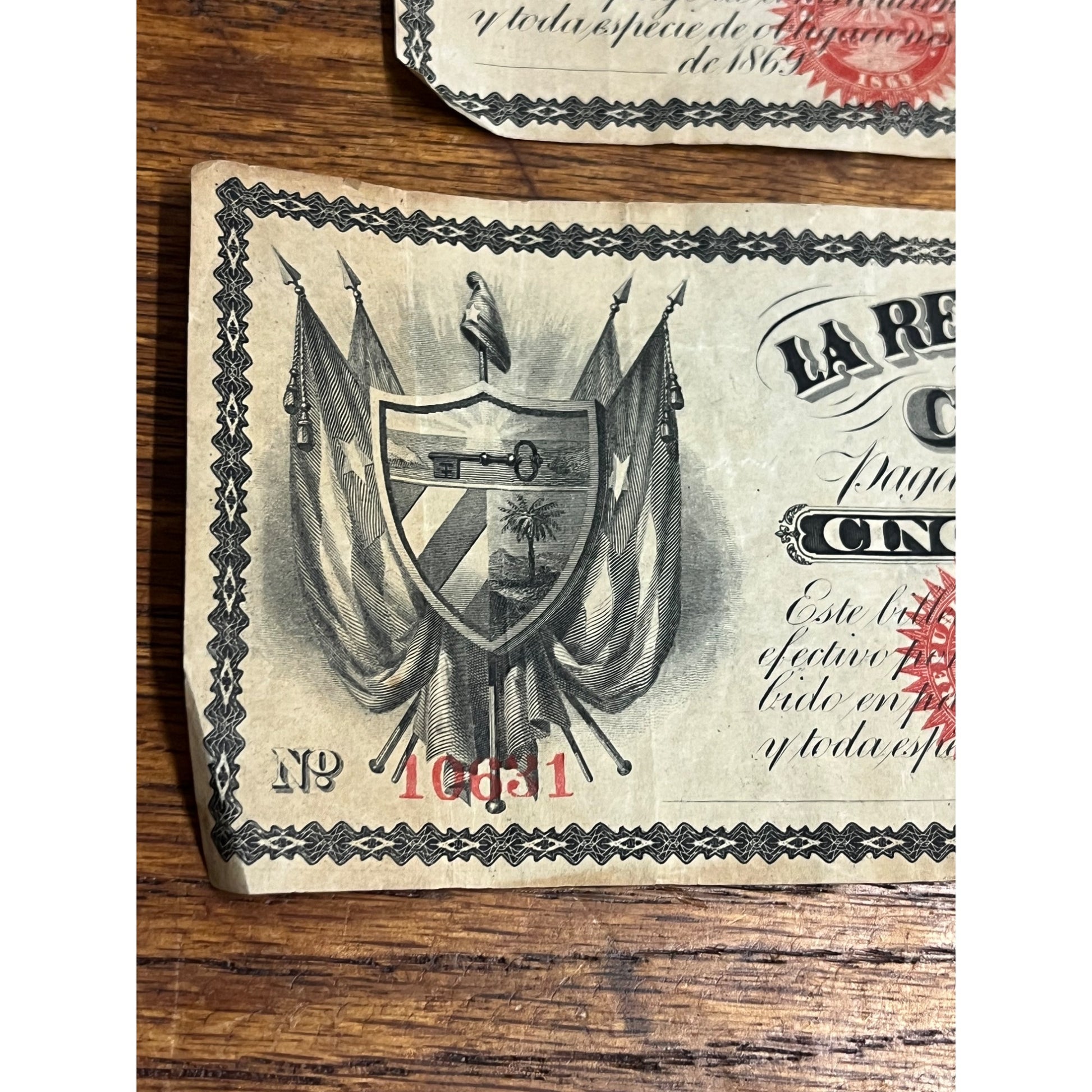 1869 Republic de Cuba 1 & 5 Peso Unsigned Notes Bills Lot (2)