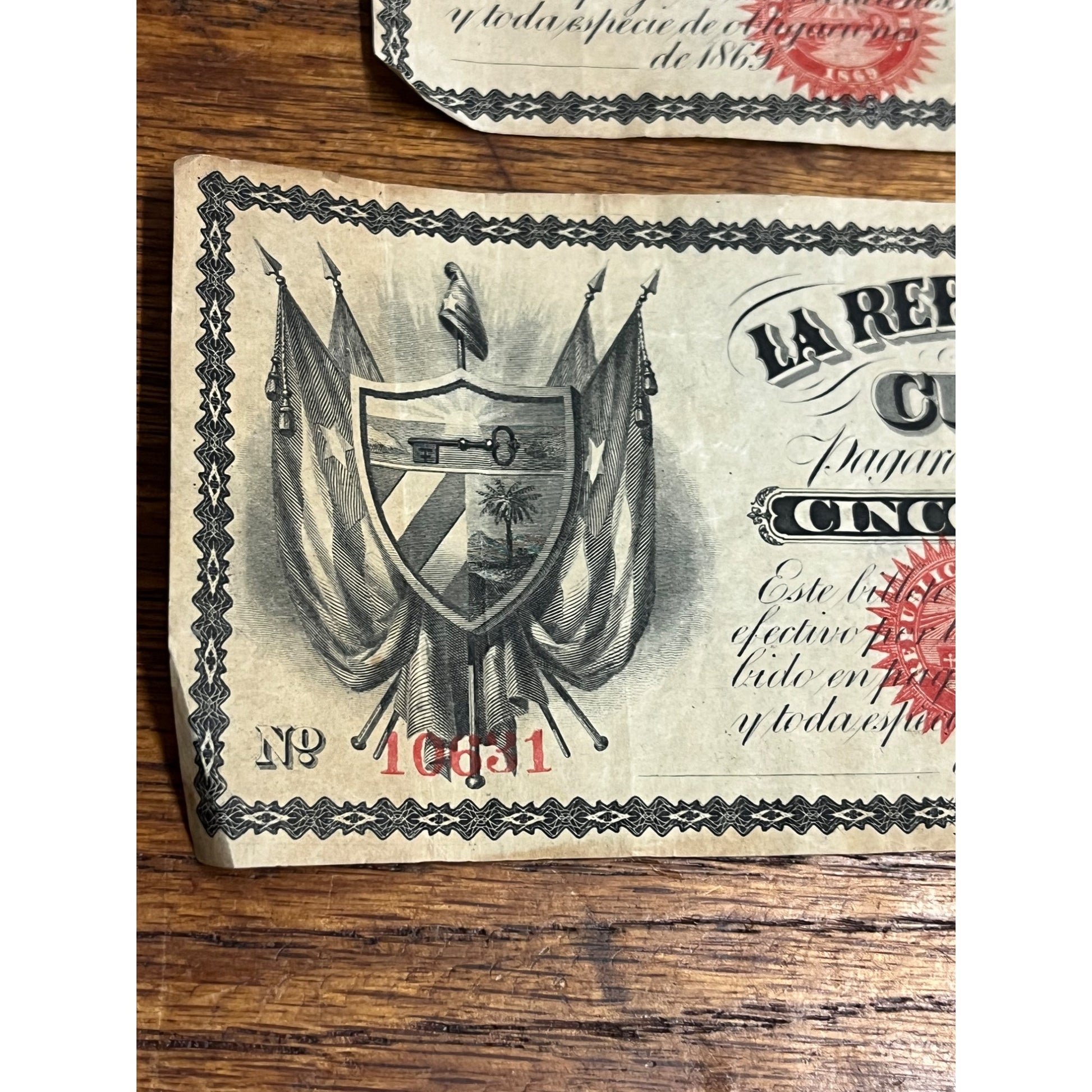1869 Republic de Cuba 1 & 5 Peso Unsigned Notes Bills Lot (2)