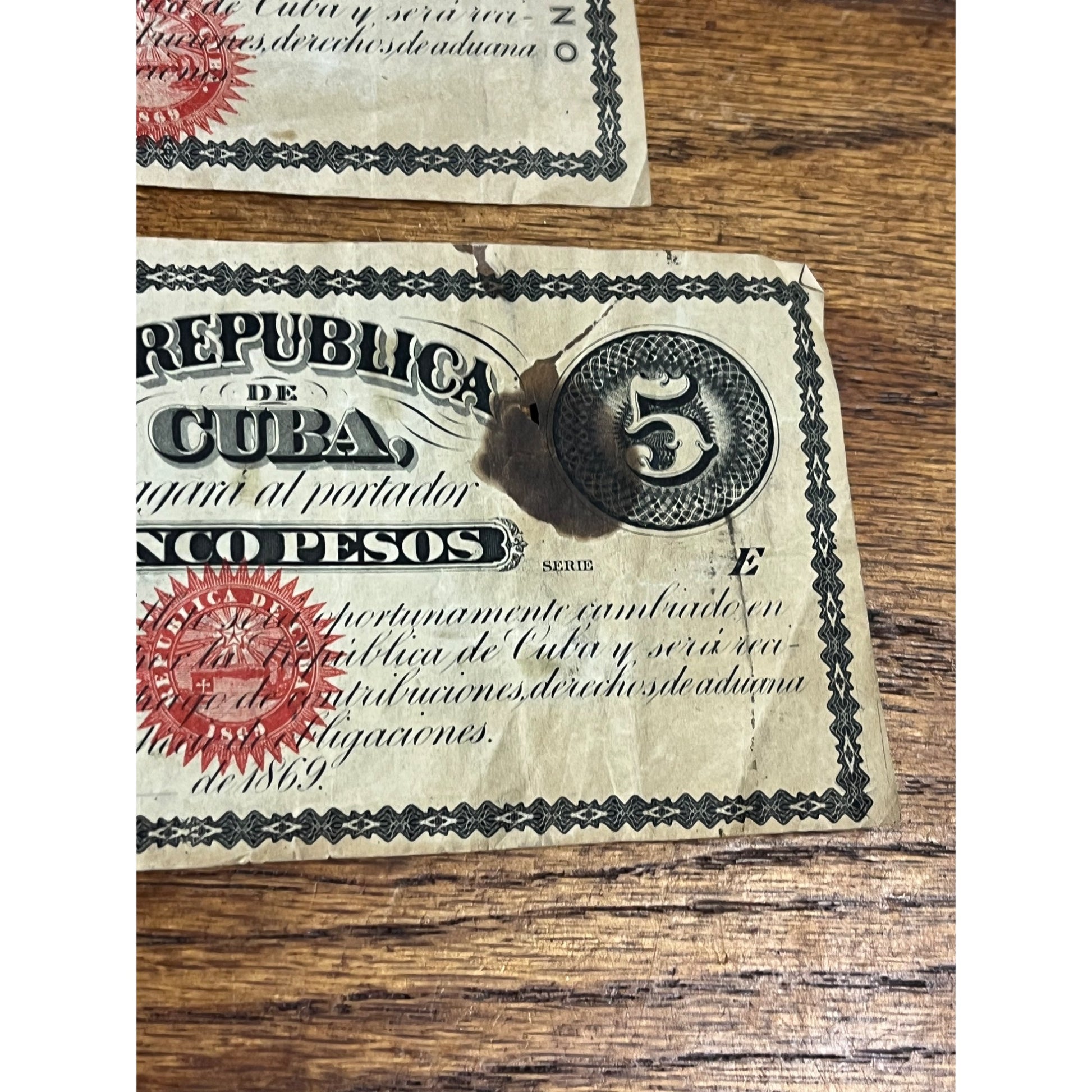 1869 Republic de Cuba 1 & 5 Peso Unsigned Notes Bills Lot (2)