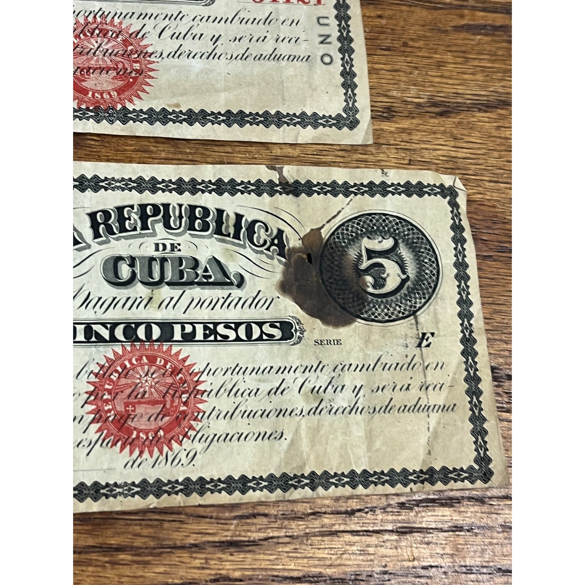 1869 Republic de Cuba 1 & 5 Peso Unsigned Notes Bills Lot (2)