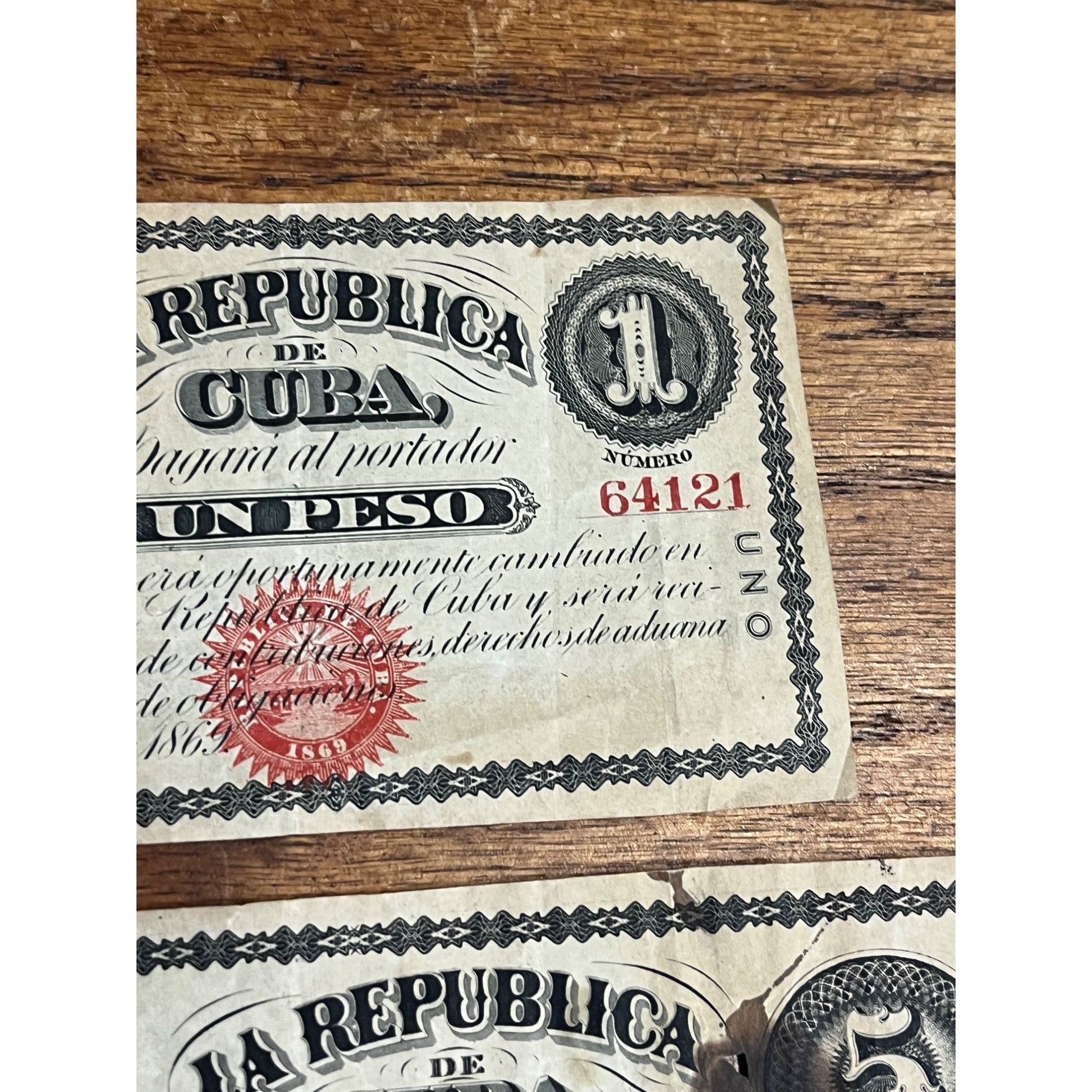 1869 Republic de Cuba 1 & 5 Peso Unsigned Notes Bills Lot (2)