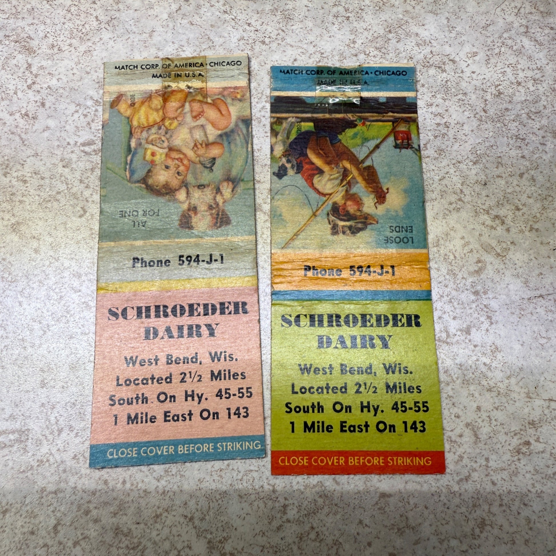 (2) Schroeder Dairy West Bend Wis Kewaskum Advertising Matchbook