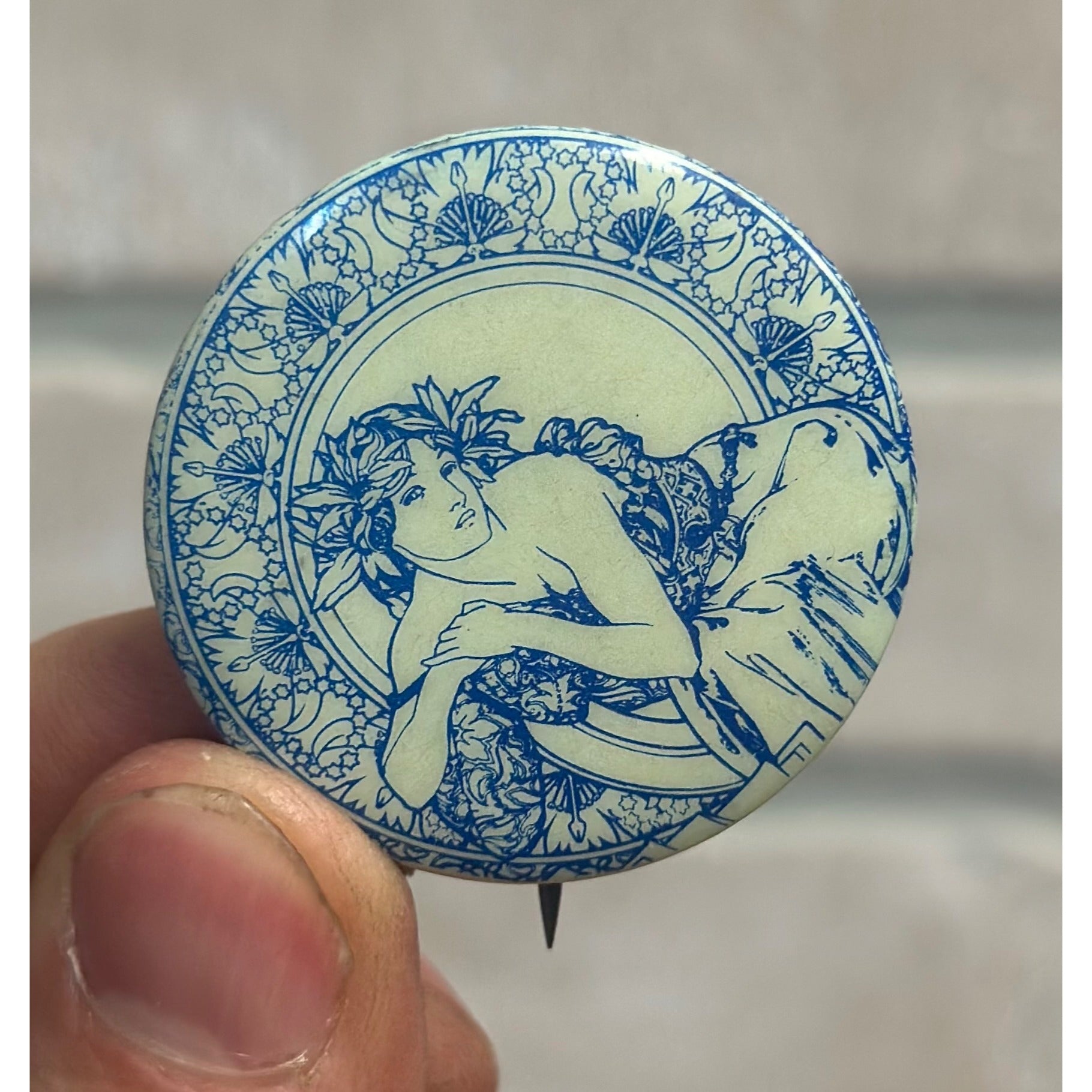 Alphonse Mucha 1966 Original Pin Hippie Art Nouveau LSD Comix Drugs Sandyval