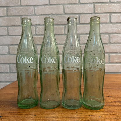 (4) Coca Cola 10oz Hobbyskirt Glass Bottles New Orleans Memphis Brenham Savannah