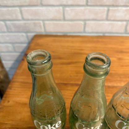 (4) Coca Cola 10oz Hobbyskirt Glass Bottles New Orleans Memphis Brenham Savannah