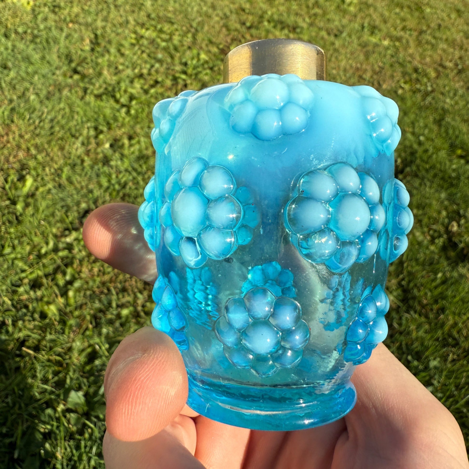 VTG 1940s Fenton DeVilbiss Blue Bubble Flower Glass Atomizer Perfume Bottle