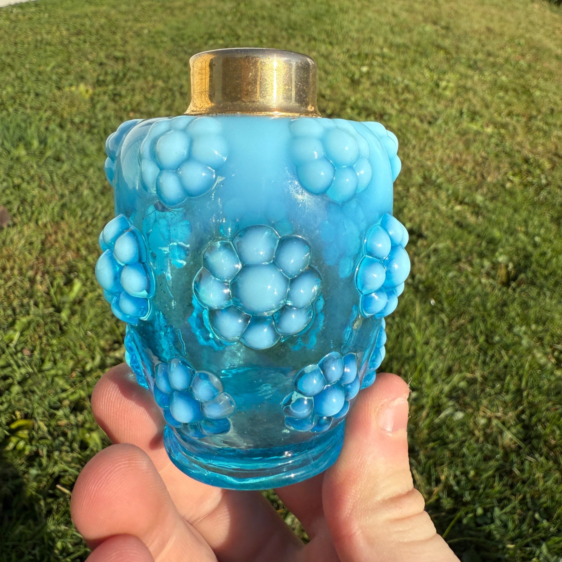 VTG 1940s Fenton DeVilbiss Blue Bubble Flower Glass Atomizer Perfume Bottle