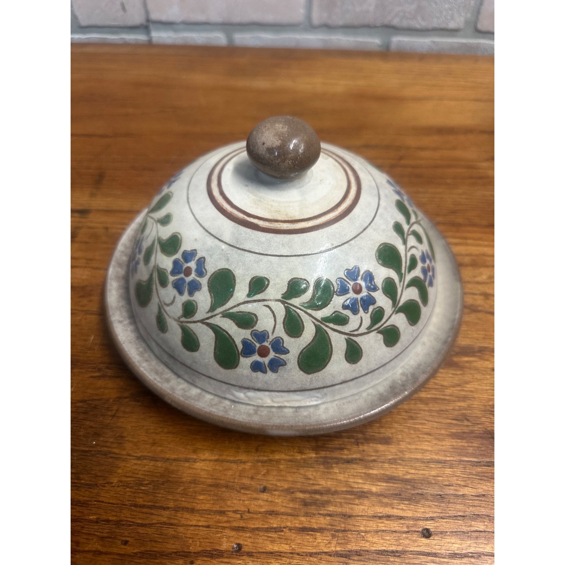 Decorated Pottery  Butter Covered Dish Signed Original W. Geisler Browns Gray