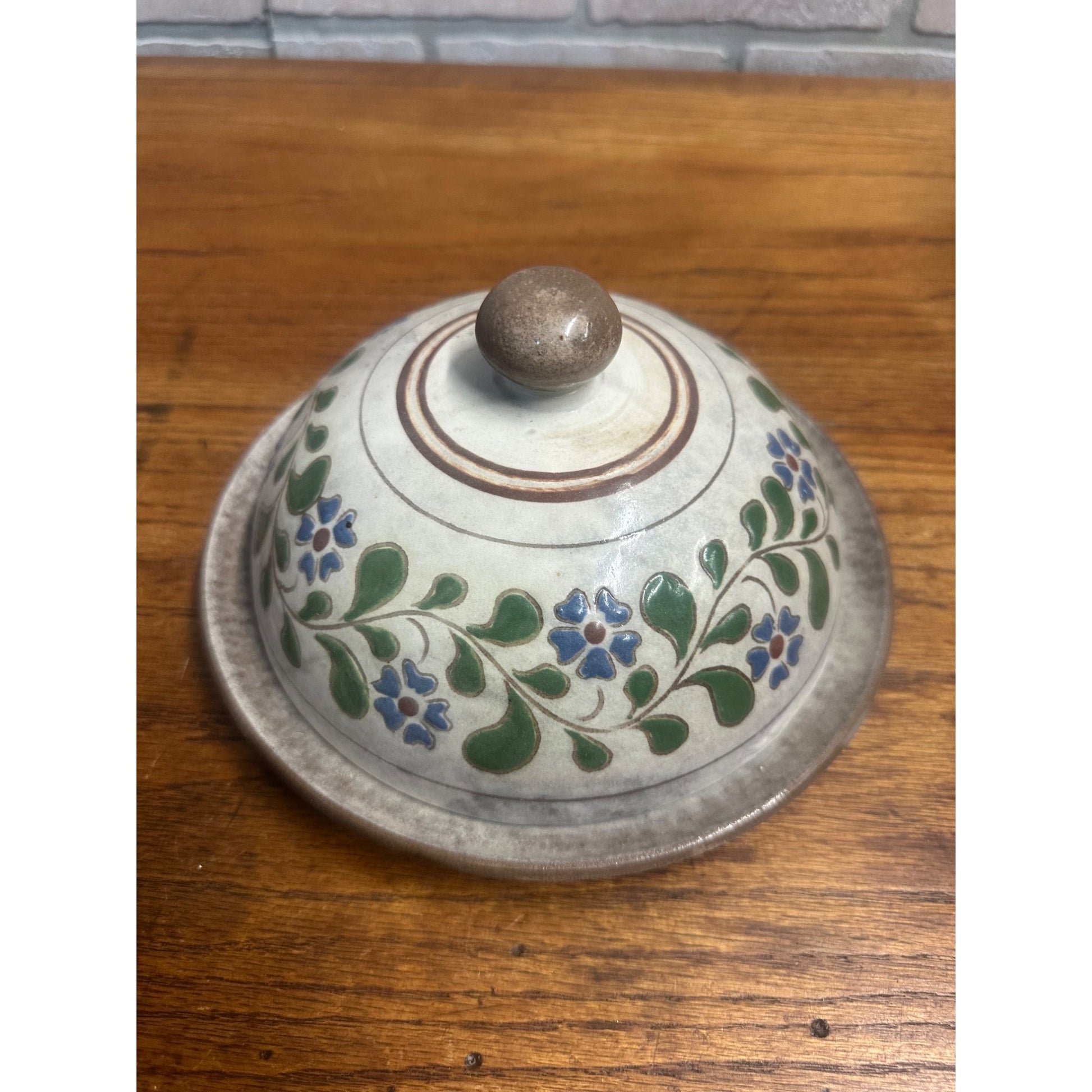 Decorated Pottery  Butter Covered Dish Signed Original W. Geisler Browns Gray