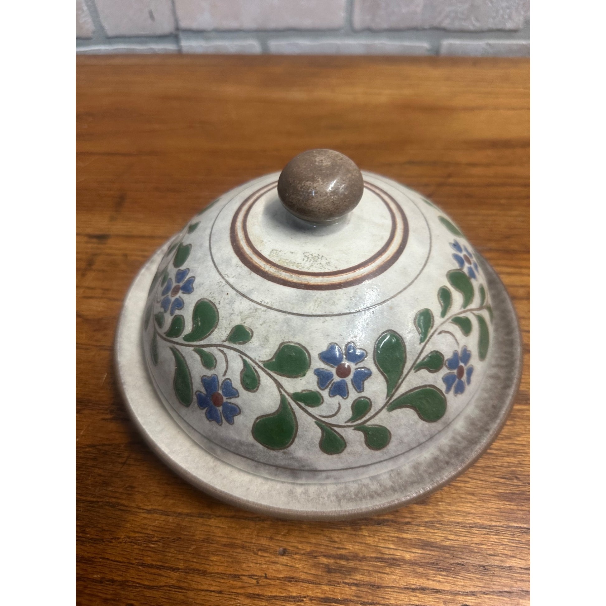 Decorated Pottery  Butter Covered Dish Signed Original W. Geisler Browns Gray