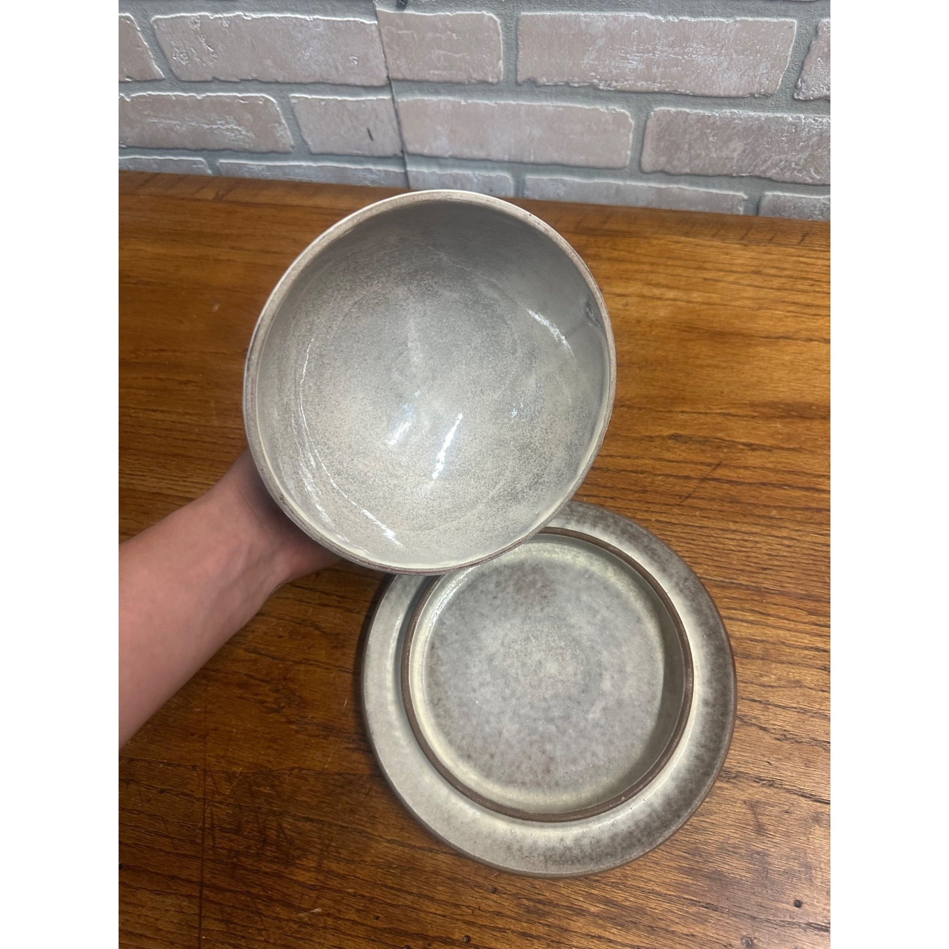 Decorated Pottery  Butter Covered Dish Signed Original W. Geisler Browns Gray
