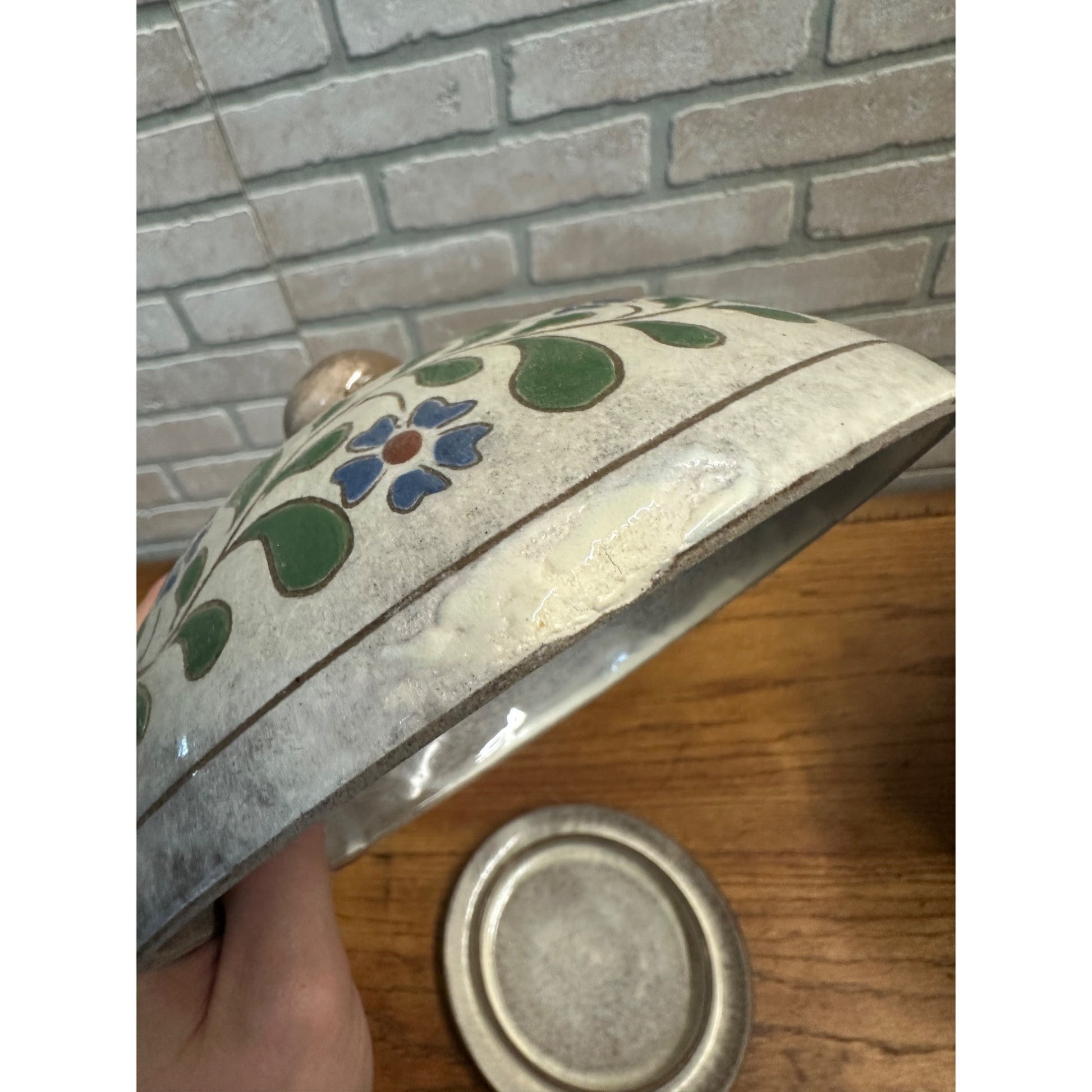 Decorated Pottery  Butter Covered Dish Signed Original W. Geisler Browns Gray