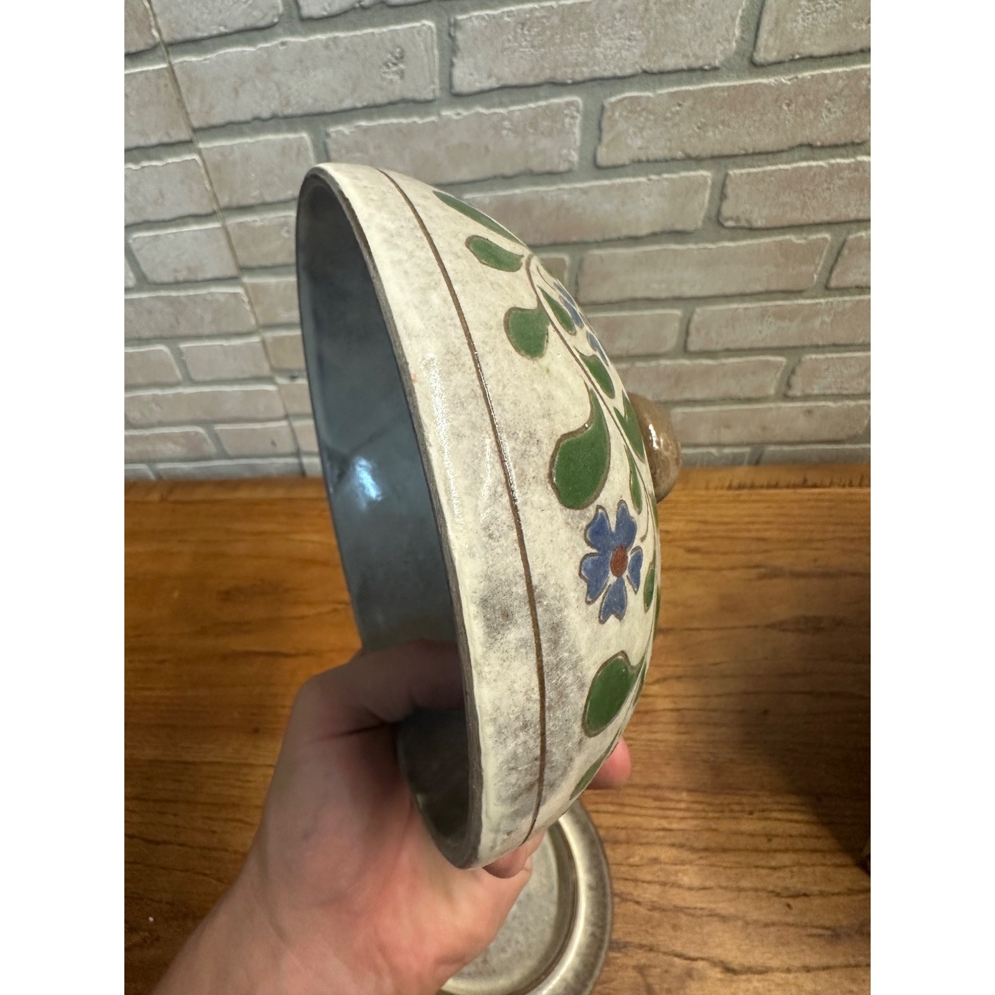 Decorated Pottery  Butter Covered Dish Signed Original W. Geisler Browns Gray