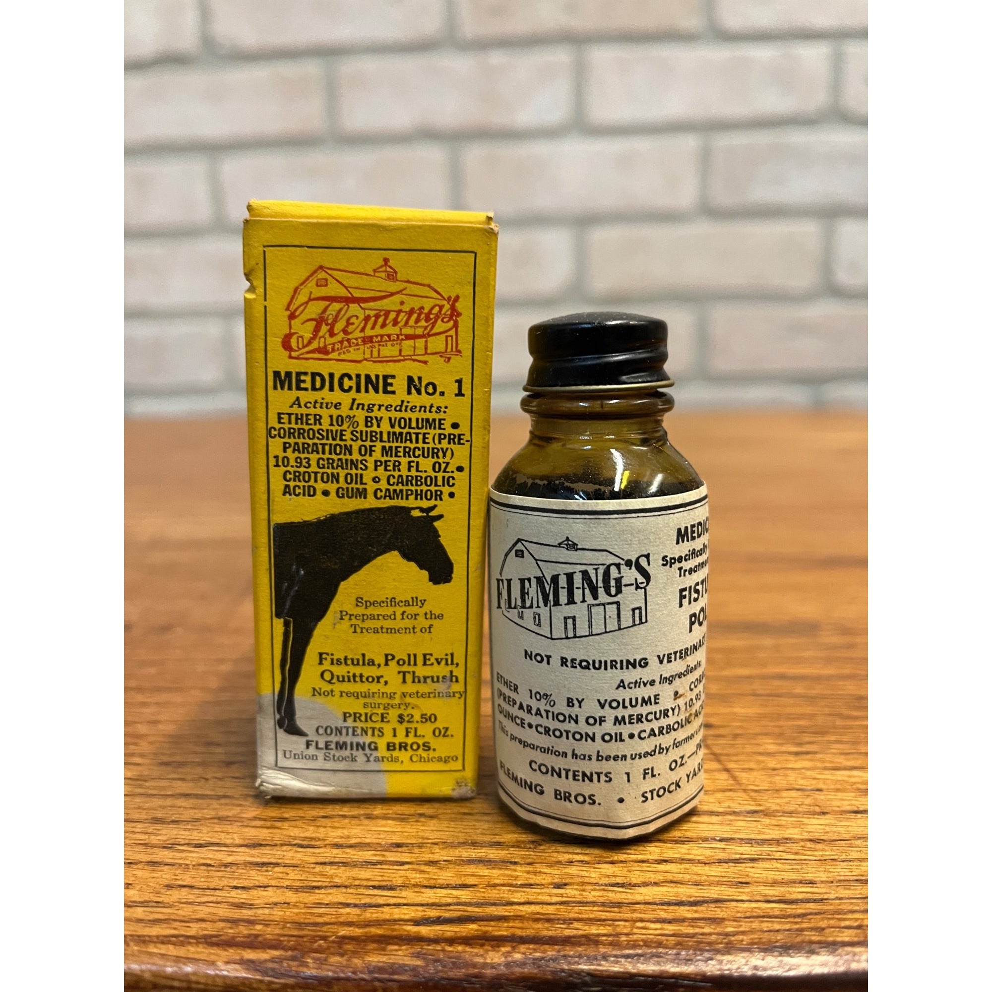 Vintage Flemings Veterinary Horse Medicine Box & Bottle Fleming Bros Chicago