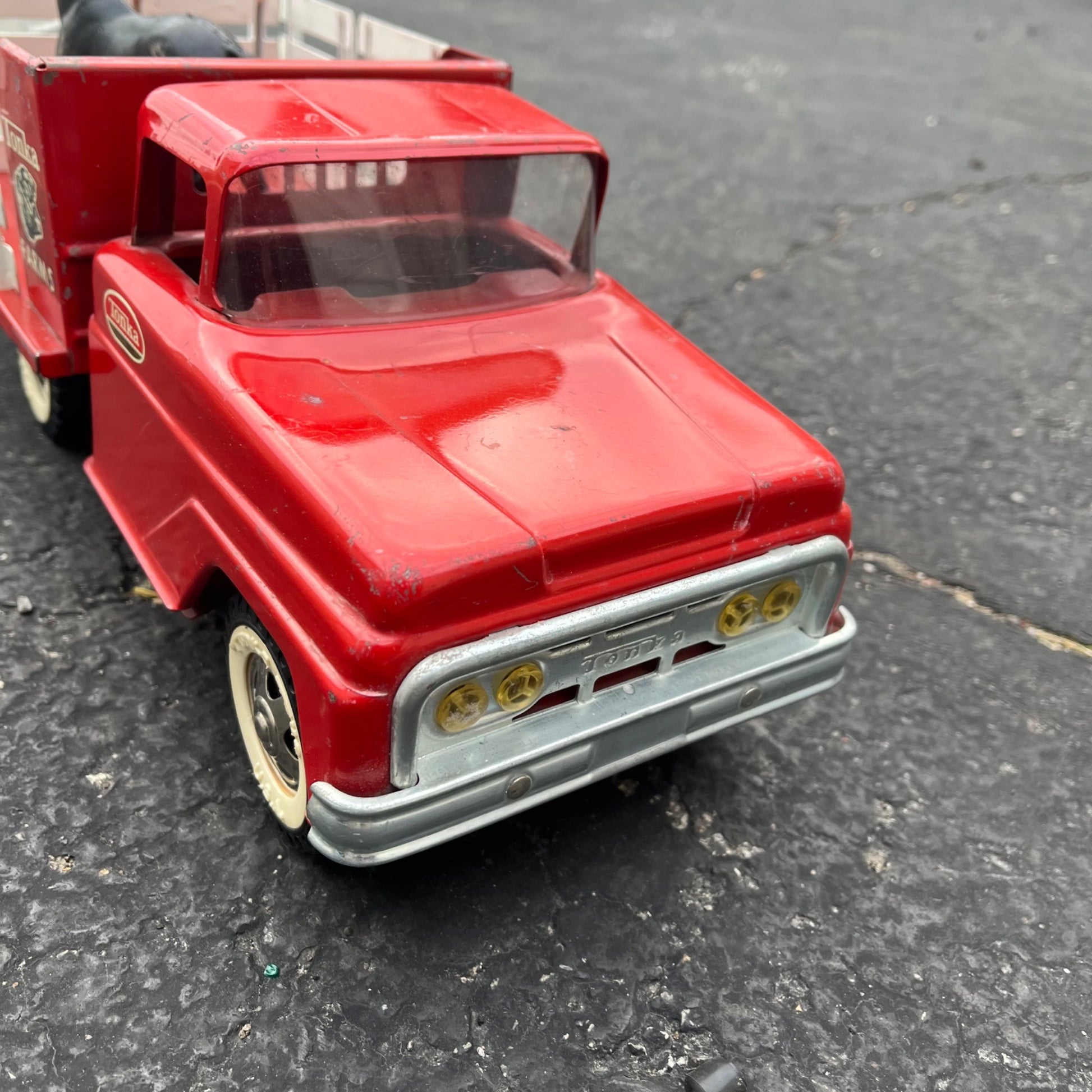 Vintage 1962 Tonka Farms Stake Truck & Horse Trailer Pressed Steel Toy