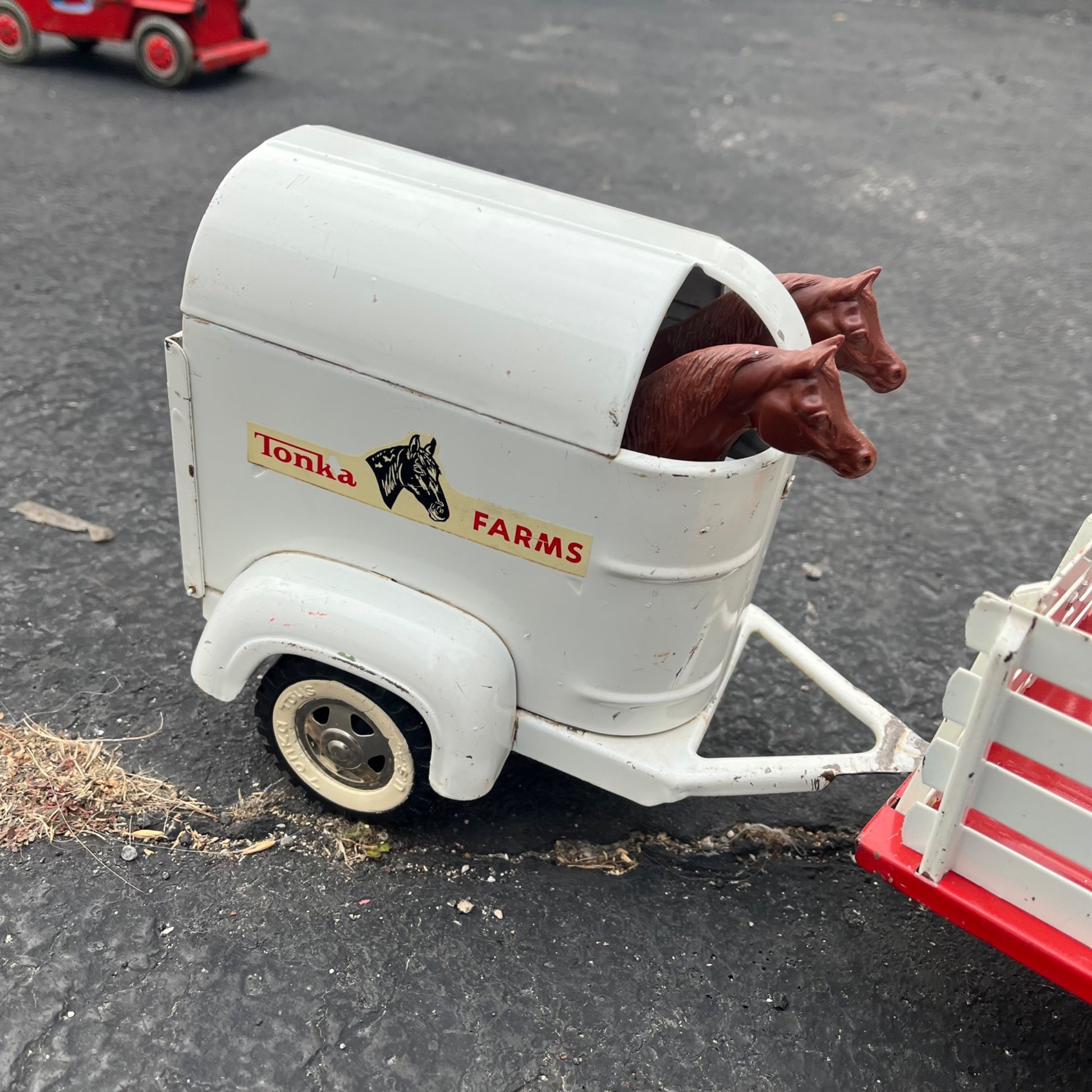 Vintage 1962 Tonka Farms Stake Truck & Horse Trailer Pressed Steel Toy