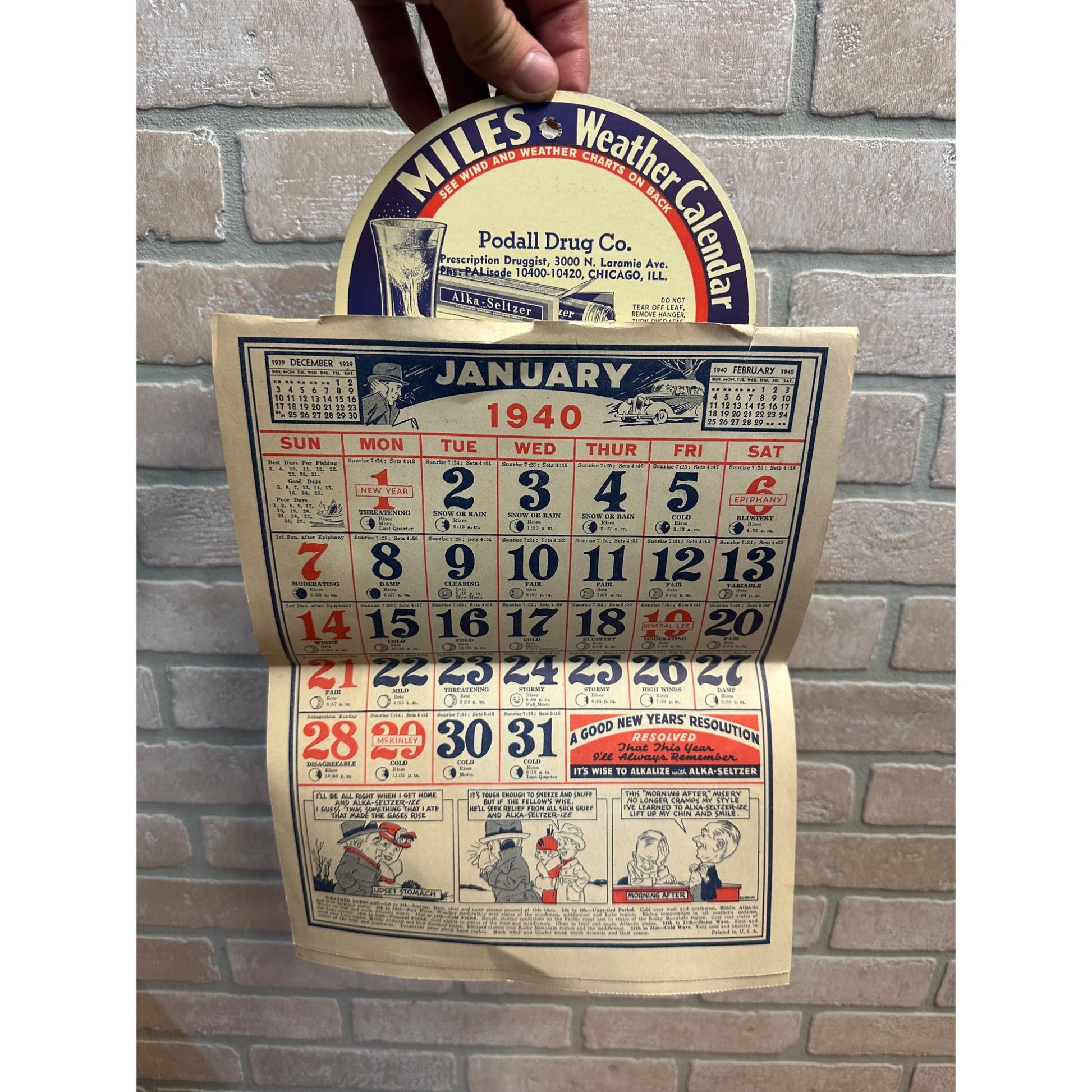 Vintage 1940 Dr. Miles Weather Calendar Alka Seltzer Advertising Podall Drug Chicago
