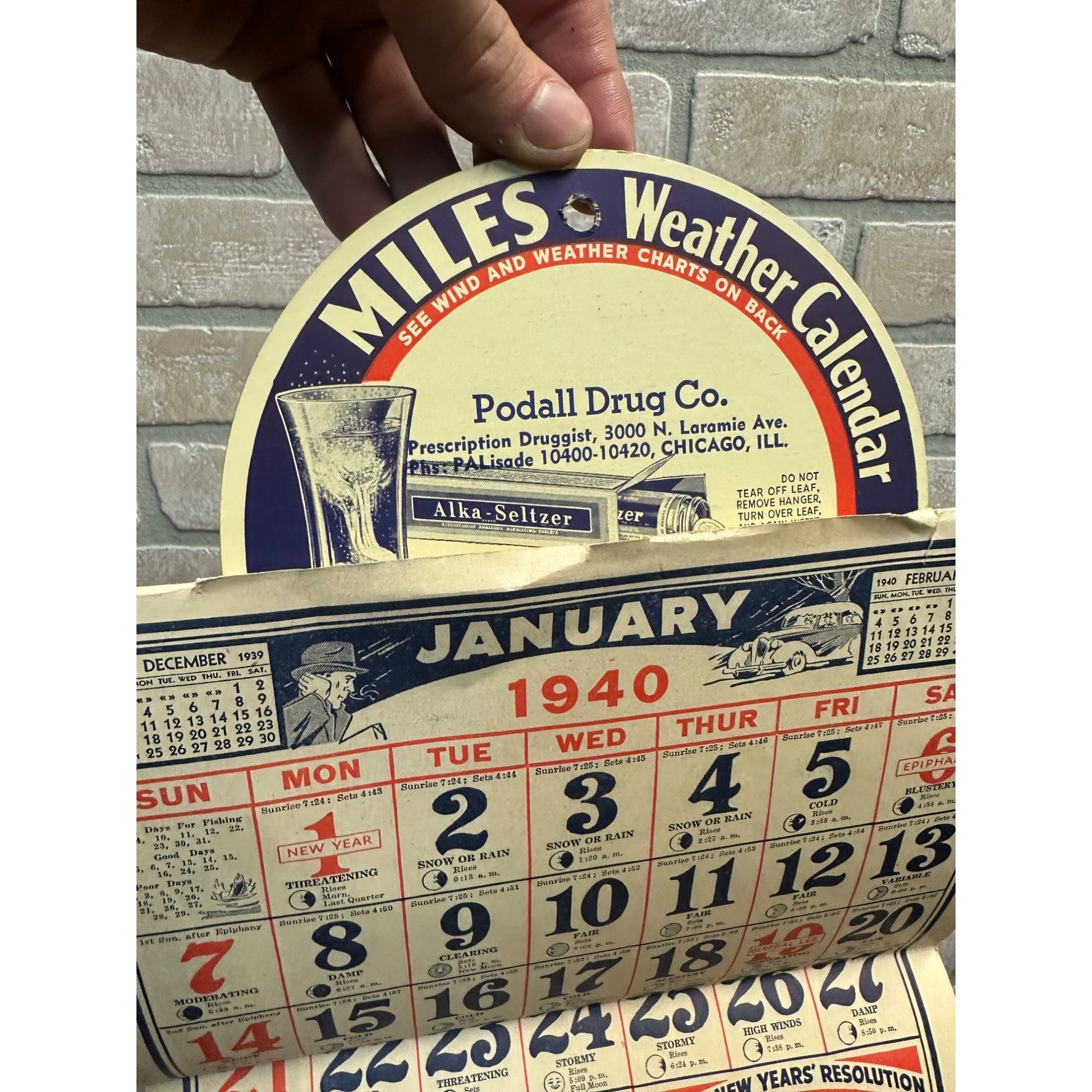 Vintage 1940 Dr. Miles Weather Calendar Alka Seltzer Advertising Podall Drug Chicago