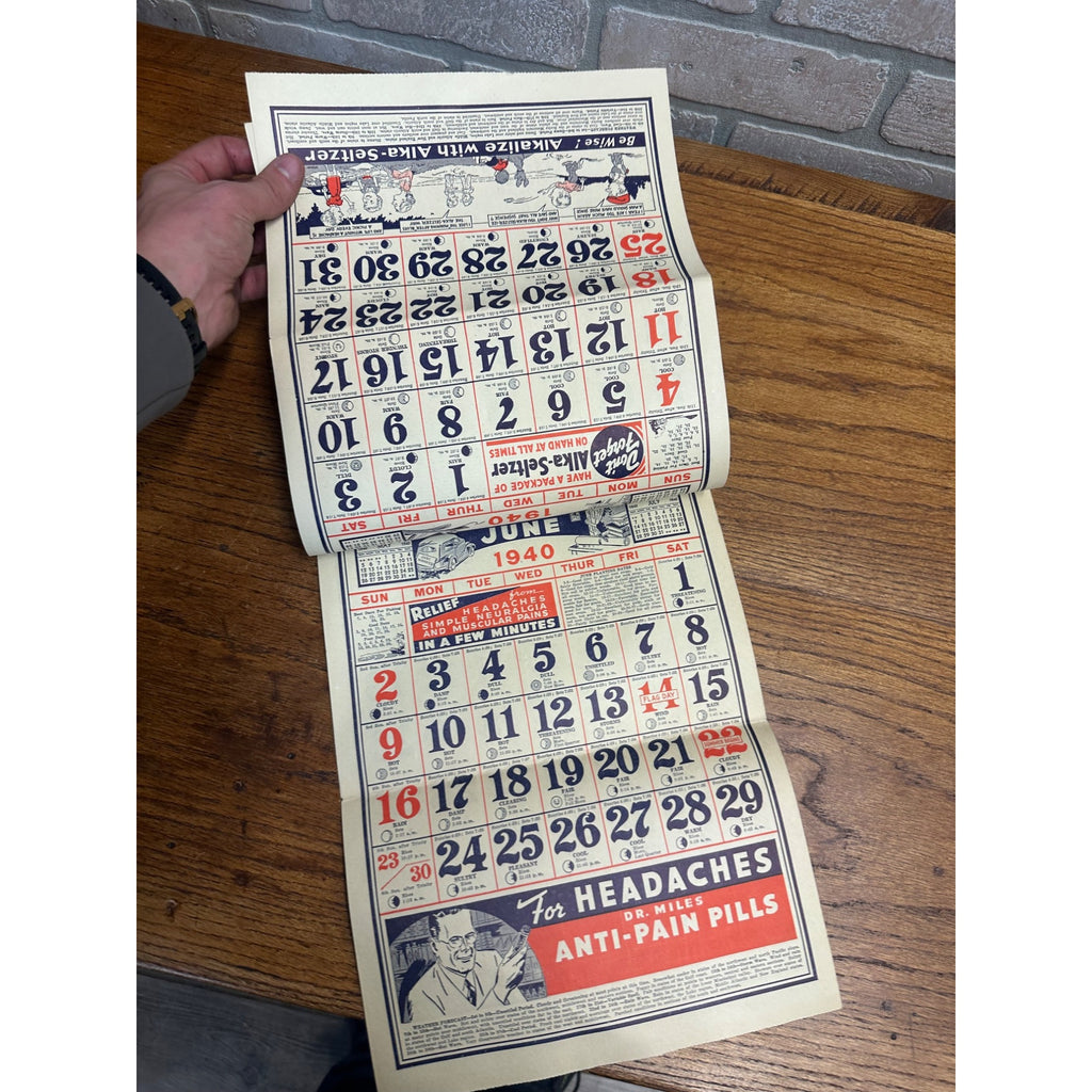 Vintage 1940 Dr. Miles Weather Calendar Alka Seltzer Advertising Podall Drug Chicago