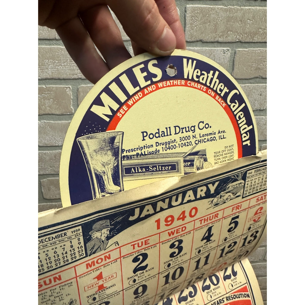 Vintage 1940 Dr. Miles Weather Calendar Alka Seltzer Advertising Podall Drug Chicago