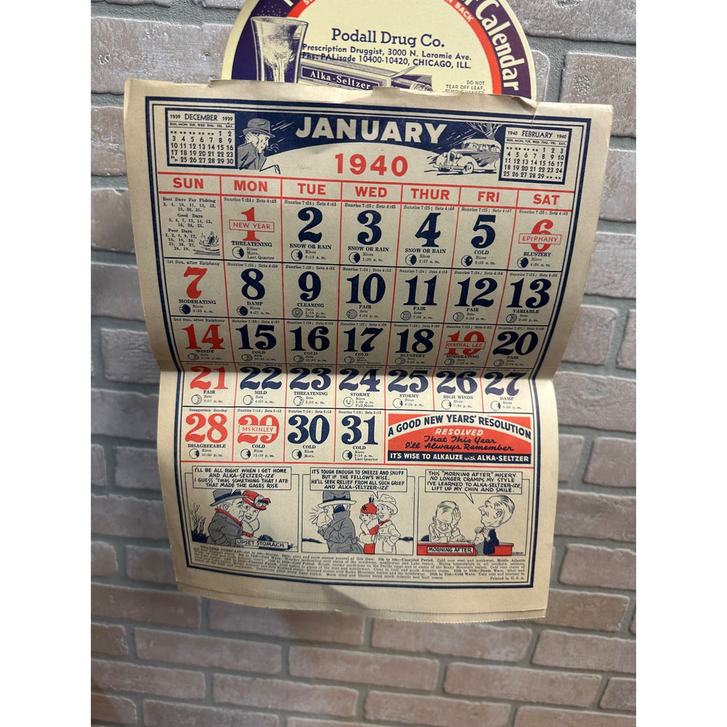 Vintage 1940 Dr. Miles Weather Calendar Alka Seltzer Advertising Podall Drug Chicago