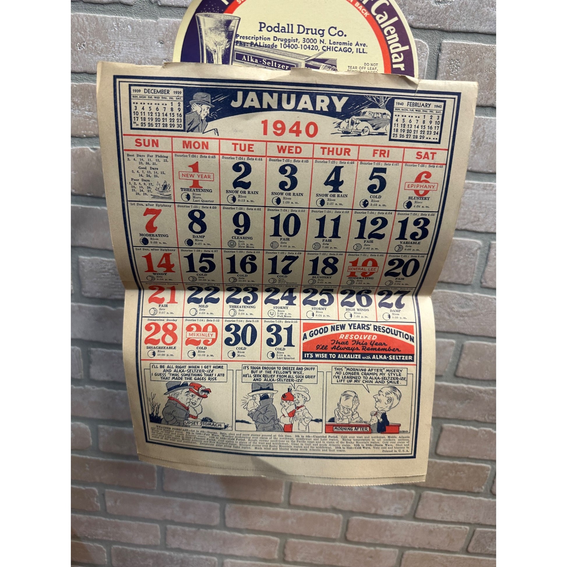 Vintage 1940 Dr. Miles Weather Calendar Alka Seltzer Advertising Podall Drug Chicago