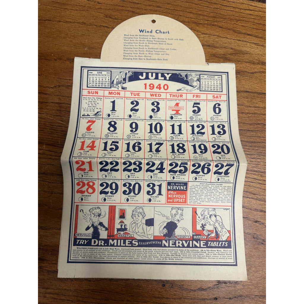 Vintage 1940 Dr. Miles Weather Calendar Alka Seltzer Advertising Podall Drug Chicago