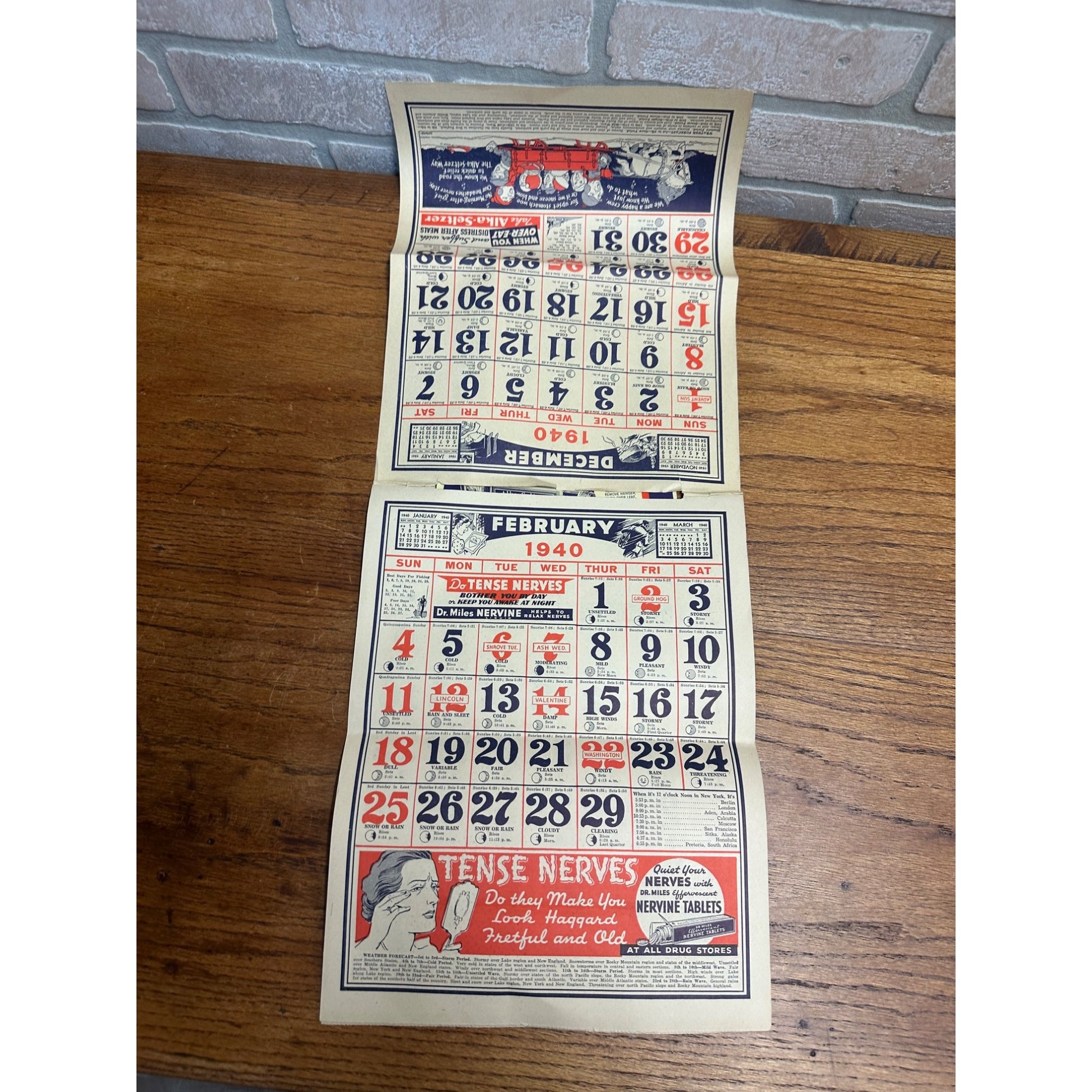 Vintage 1940 Dr. Miles Weather Calendar Alka Seltzer Advertising Podall Drug Chicago