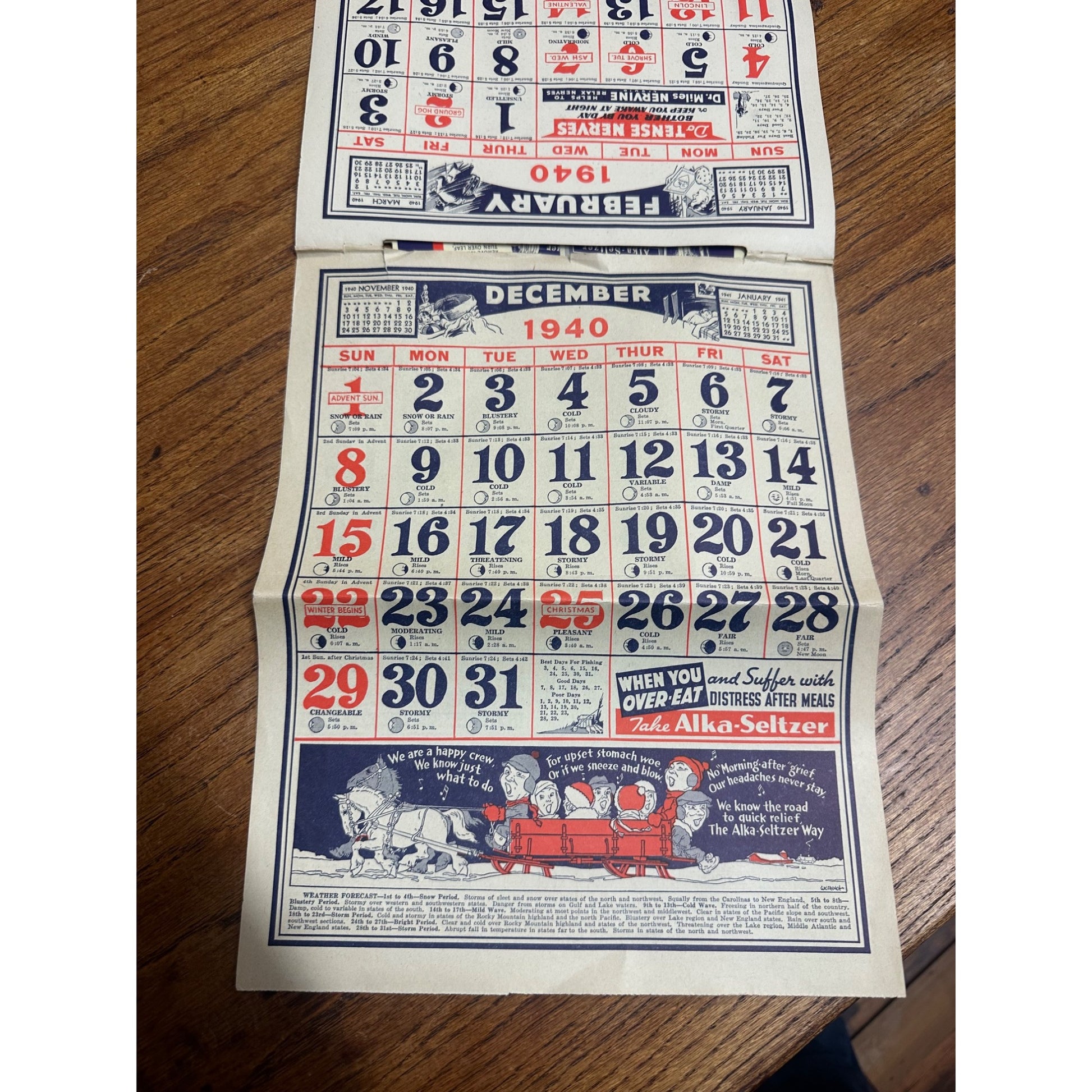 Vintage 1940 Dr. Miles Weather Calendar Alka Seltzer Advertising Podall Drug Chicago