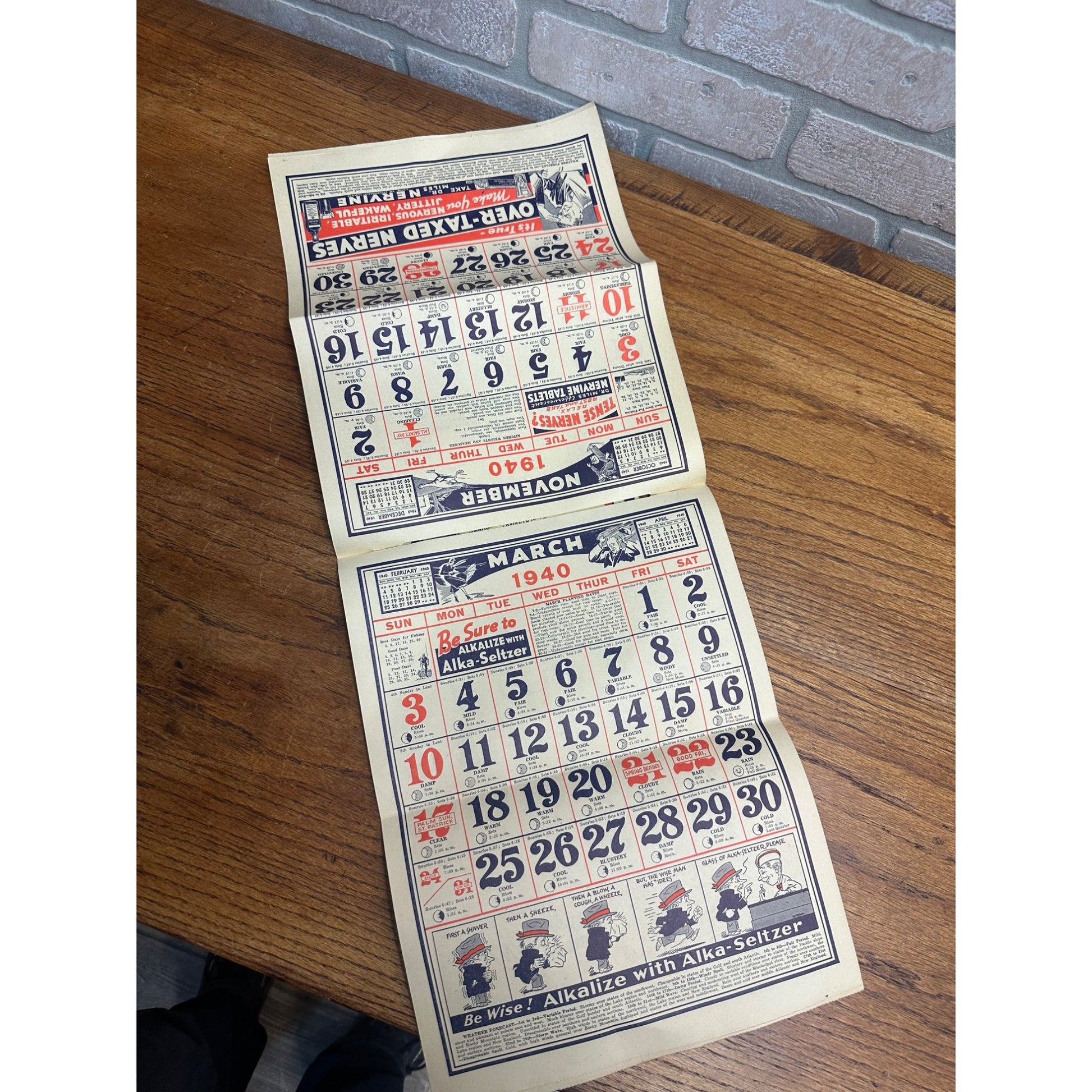 Vintage 1940 Dr. Miles Weather Calendar Alka Seltzer Advertising Podall Drug Chicago