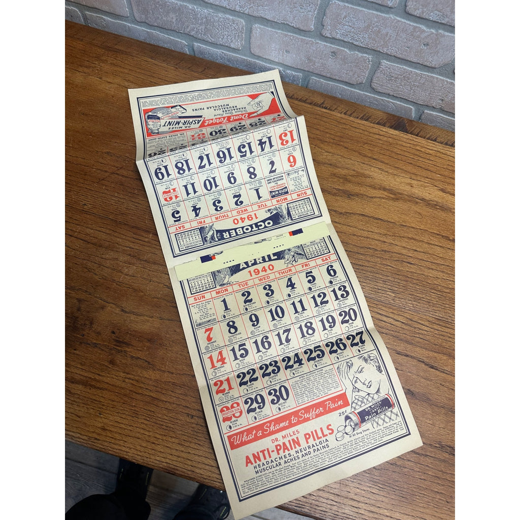 Vintage 1940 Dr. Miles Weather Calendar Alka Seltzer Advertising Podall Drug Chicago