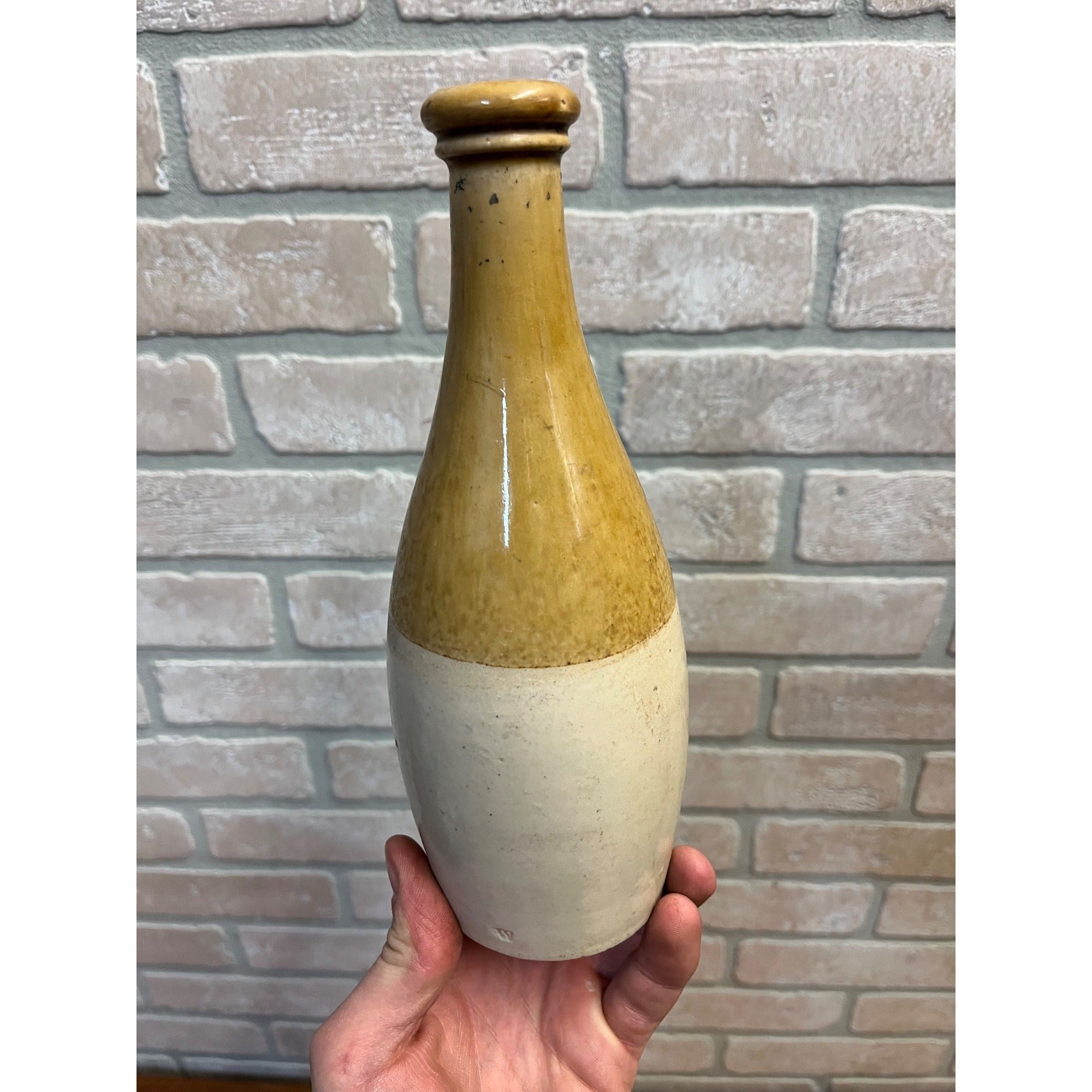 Vintage Stoneware Brown & White Bottle Primitive Decor Beer 1950s