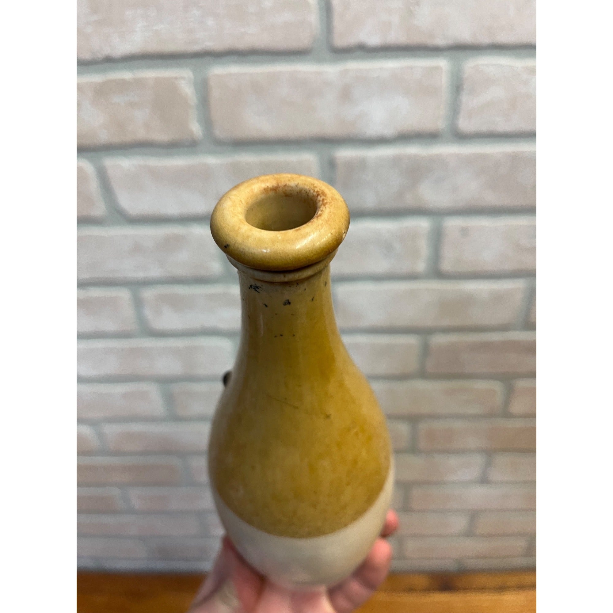 Vintage Stoneware Brown & White Bottle Primitive Decor Beer 1950s